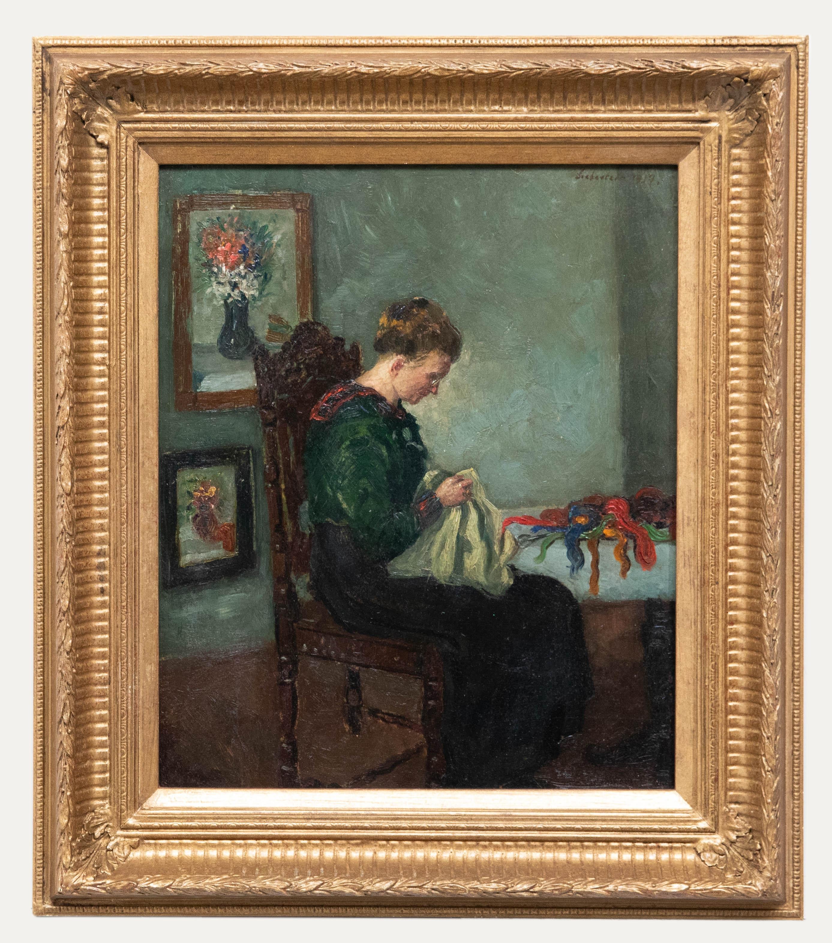 Unknown Portrait Painting - Ferdinand Grebestein (1883-1974) - Fine 1917 Oil, Lady at a Table Sewing
