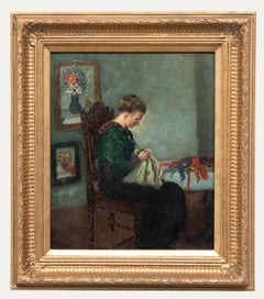 Ferdinand Grebestein (1883-1974) - Feines Ölgemälde, Lady at a Table Sewing, 1917, Lady at a Table Sewing