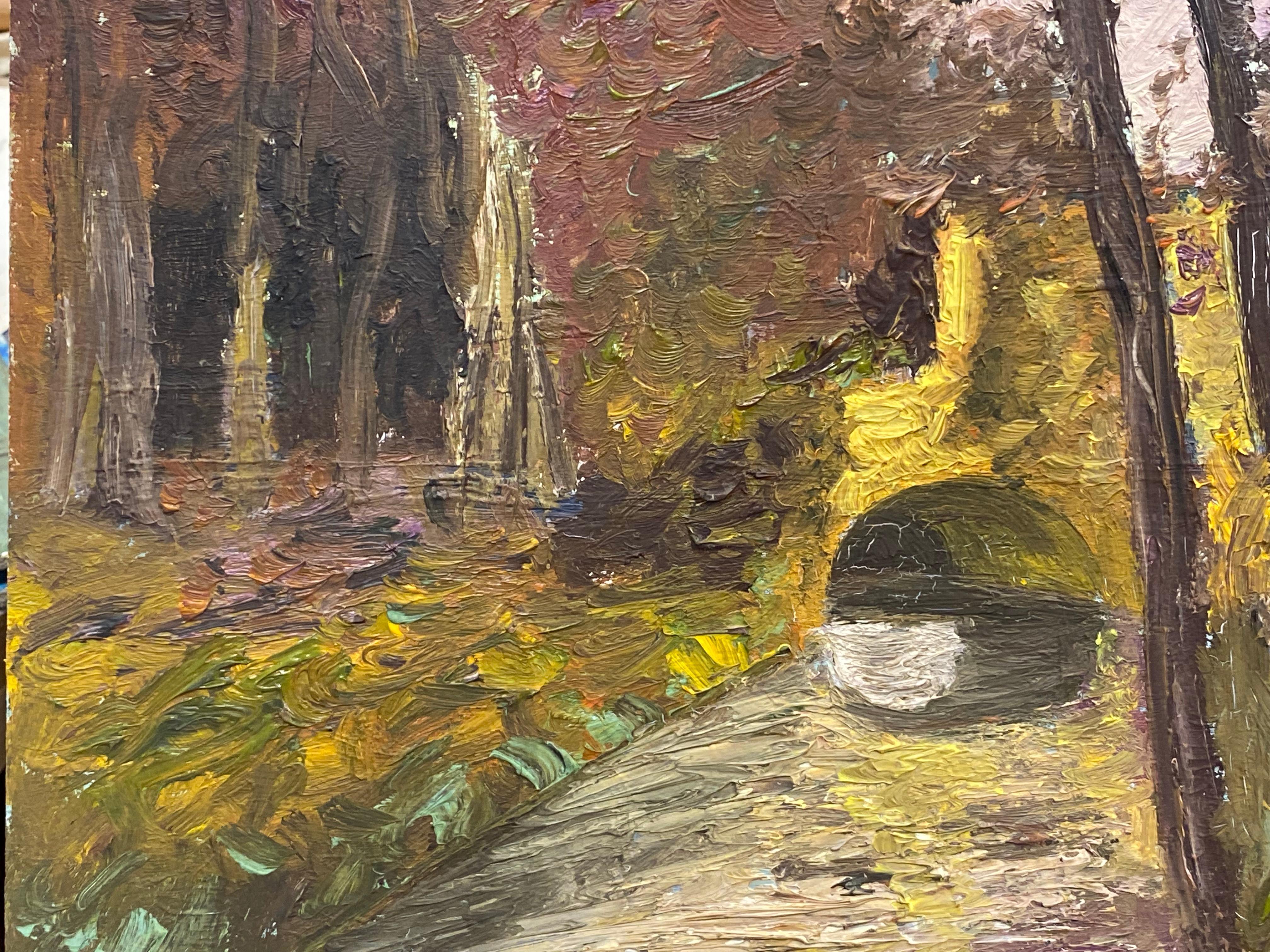 Huile impressionniste française Fernand Audet, pont en bois - Painting de Unknown