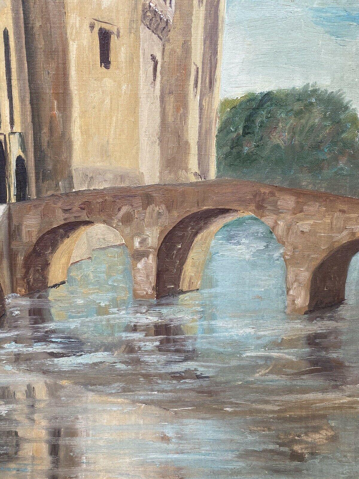 Fernand Audet French Impressionist Oil, City Fortress by Old River - Gray Landscape Painting by Unknown