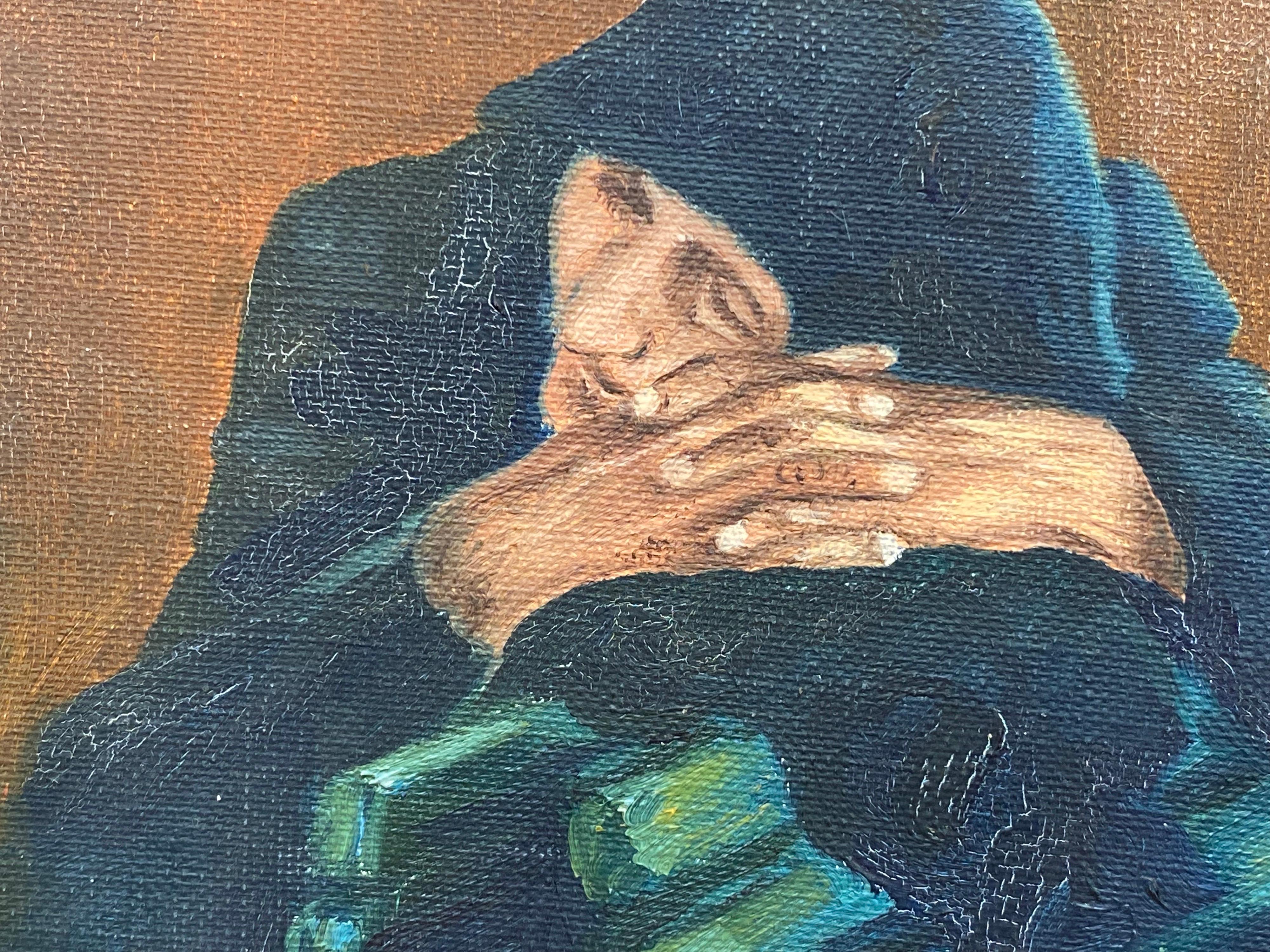 Fernand Audet French Signed Oil Elderly Lady Sleeping on Bench For Sale 1