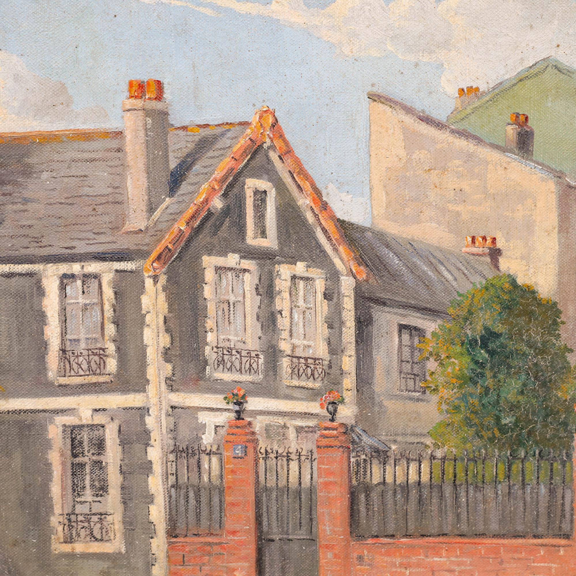 This charming oil painting depicts a quaint residential street scene. The composition captures the interplay between architectural styles, all rendered under a soft, cloud-filled sky that bathes the scene in warm, natural light. Signed. On canvas on
