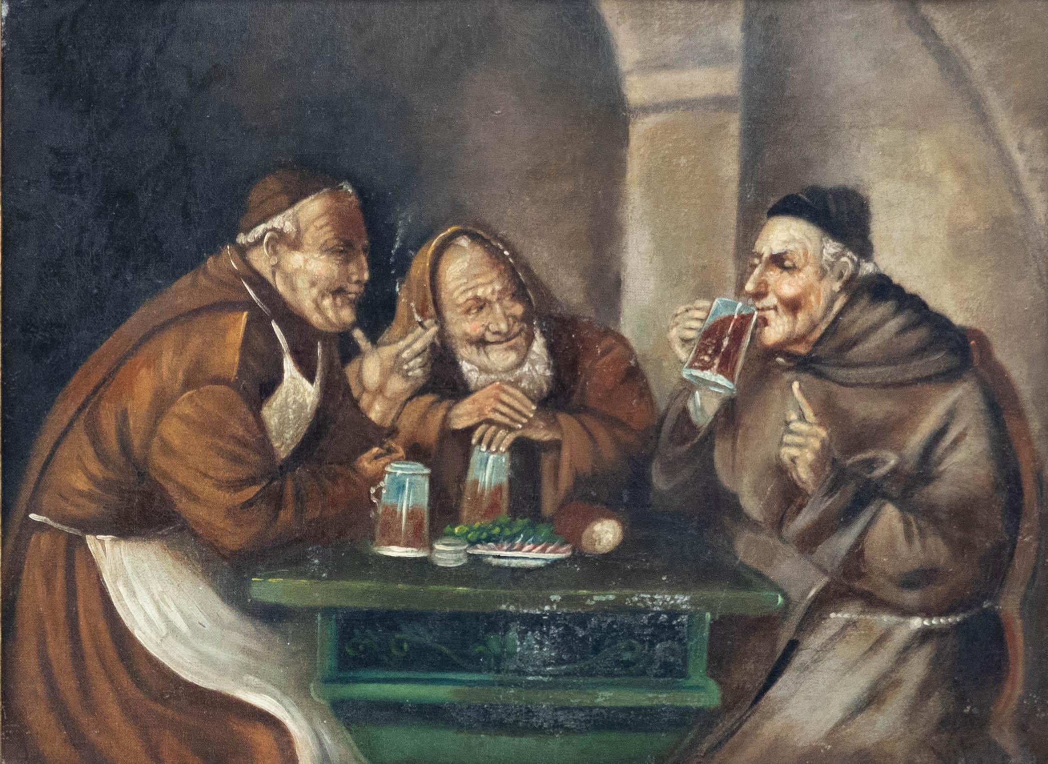 Ferruccio Vitale (1875-1933) - Olio del primo Novecento incorniciato, Monaci allegri - Painting di Unknown