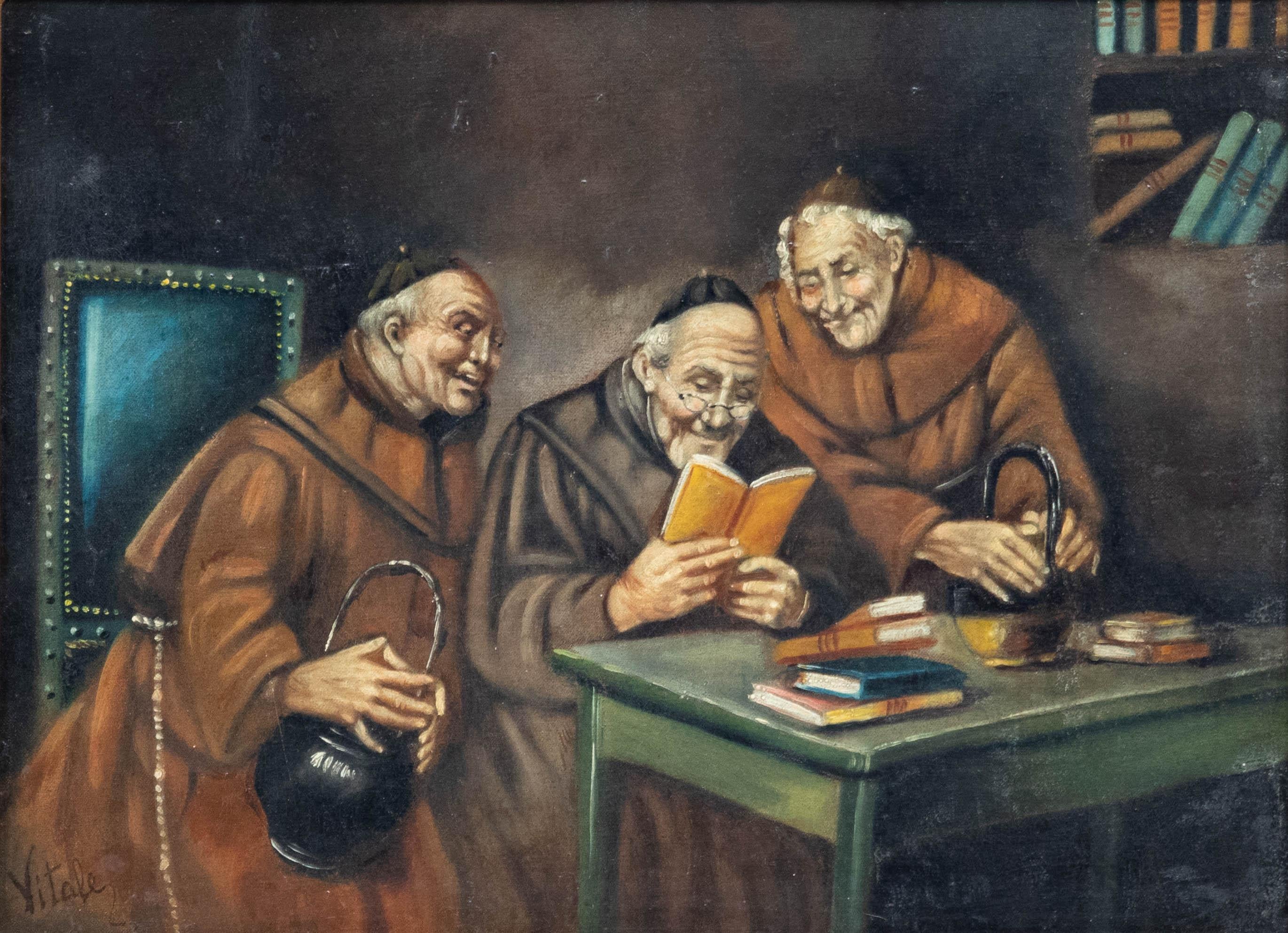 Ferruccio Vitale (1875-1933) - Framed Early 20th Century Oil, Monks Reading - Painting by Unknown