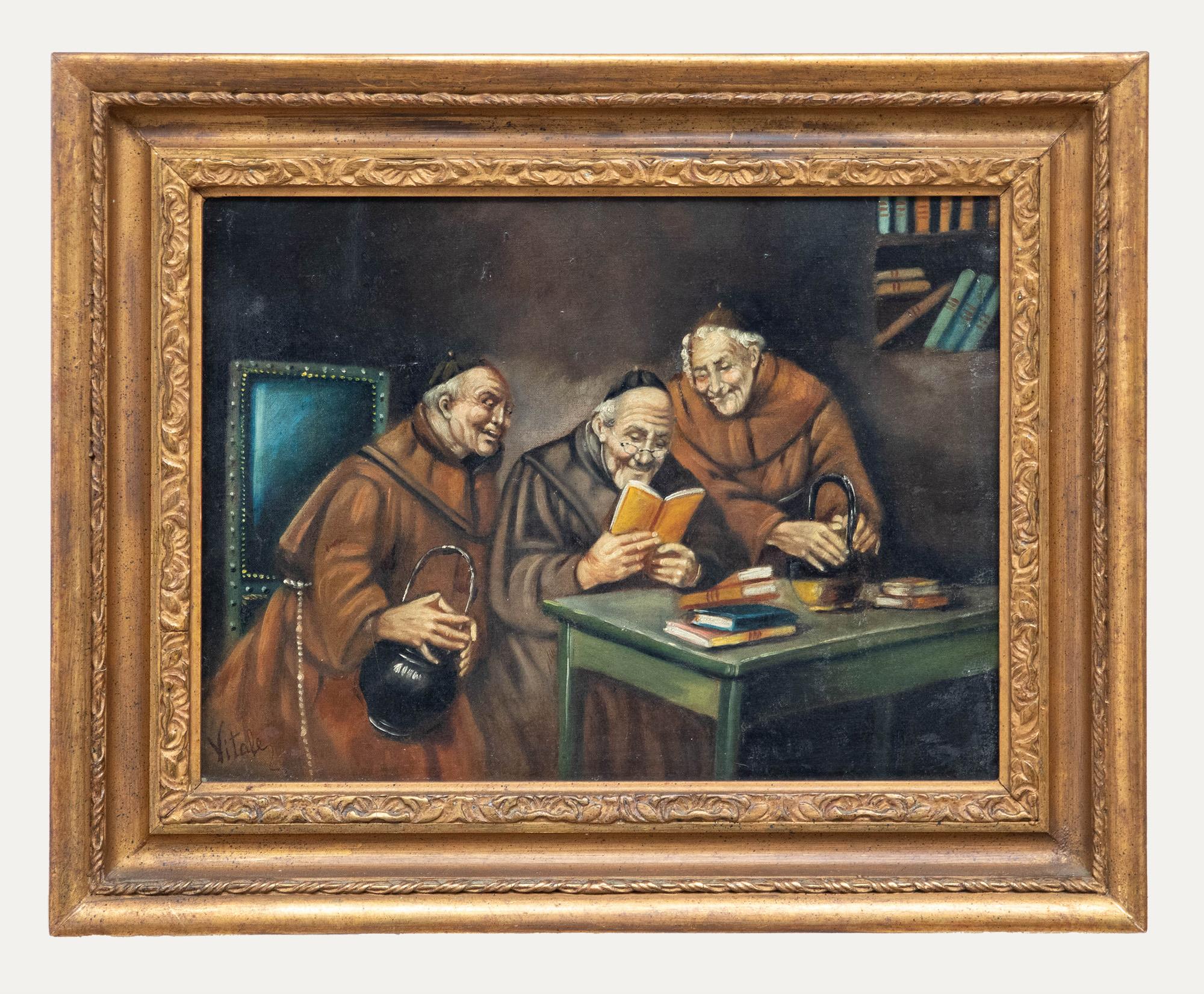 Unknown Figurative Painting - Ferruccio Vitale (1875-1933) - Framed Early 20th Century Oil, Monks Reading
