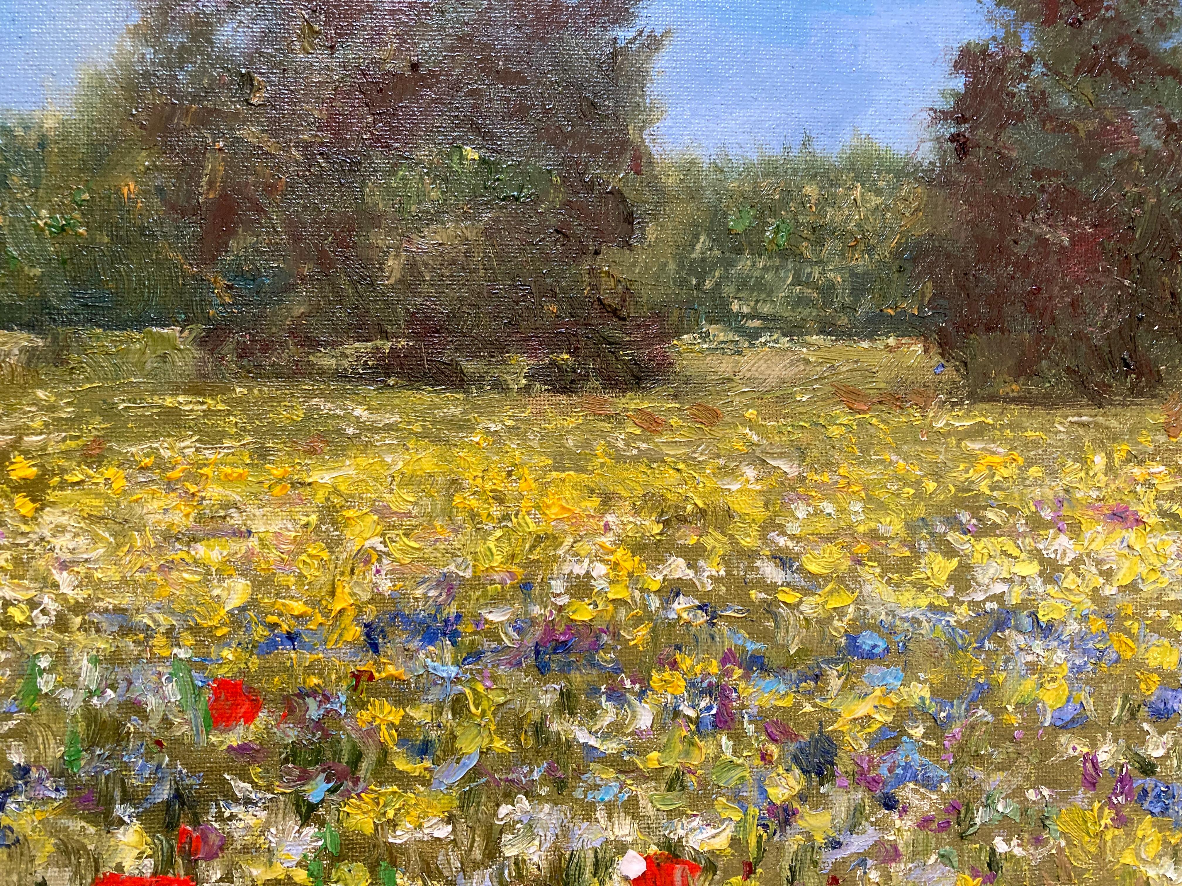 Field of Flowers (kleines zeitgenössisches russisches Öllandschaftsgemälde) – Painting von Unknown