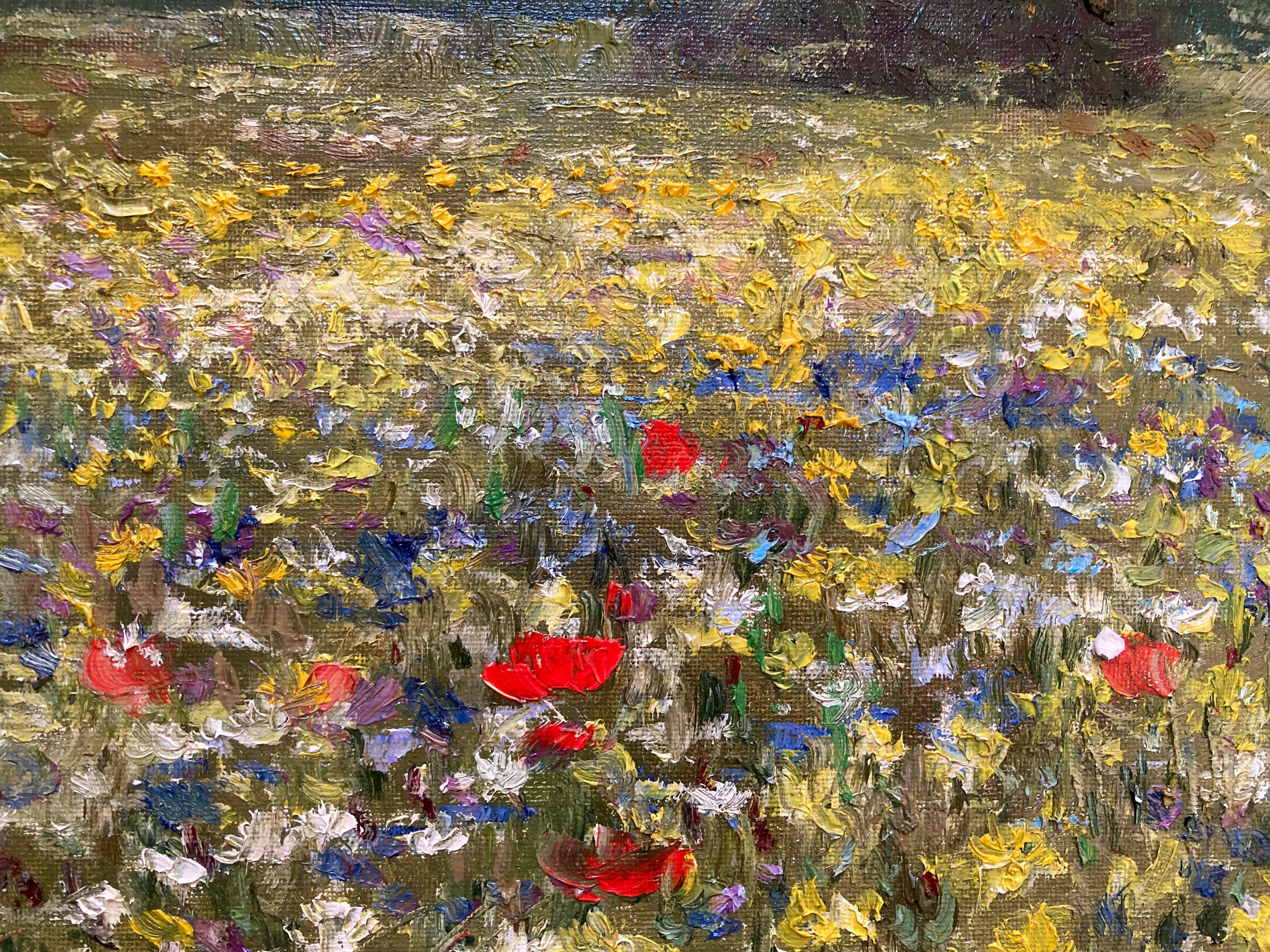Campo de flores (Pequeño óleo ruso contemporáneo de paisaje) - Painting Impresionista de Unknown