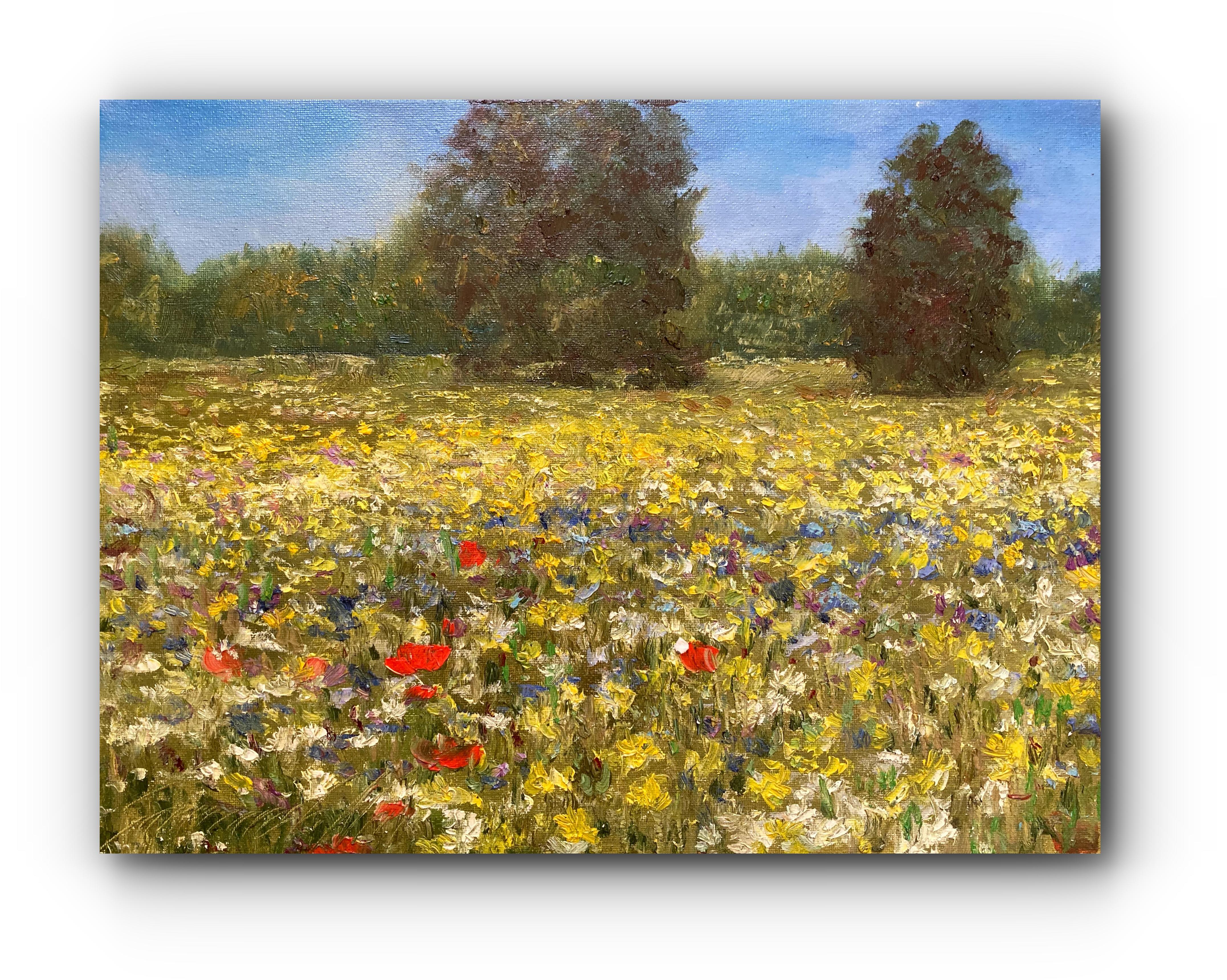 Unknown Landscape Painting – Field of Flowers (kleines zeitgenössisches russisches Öllandschaftsgemälde)