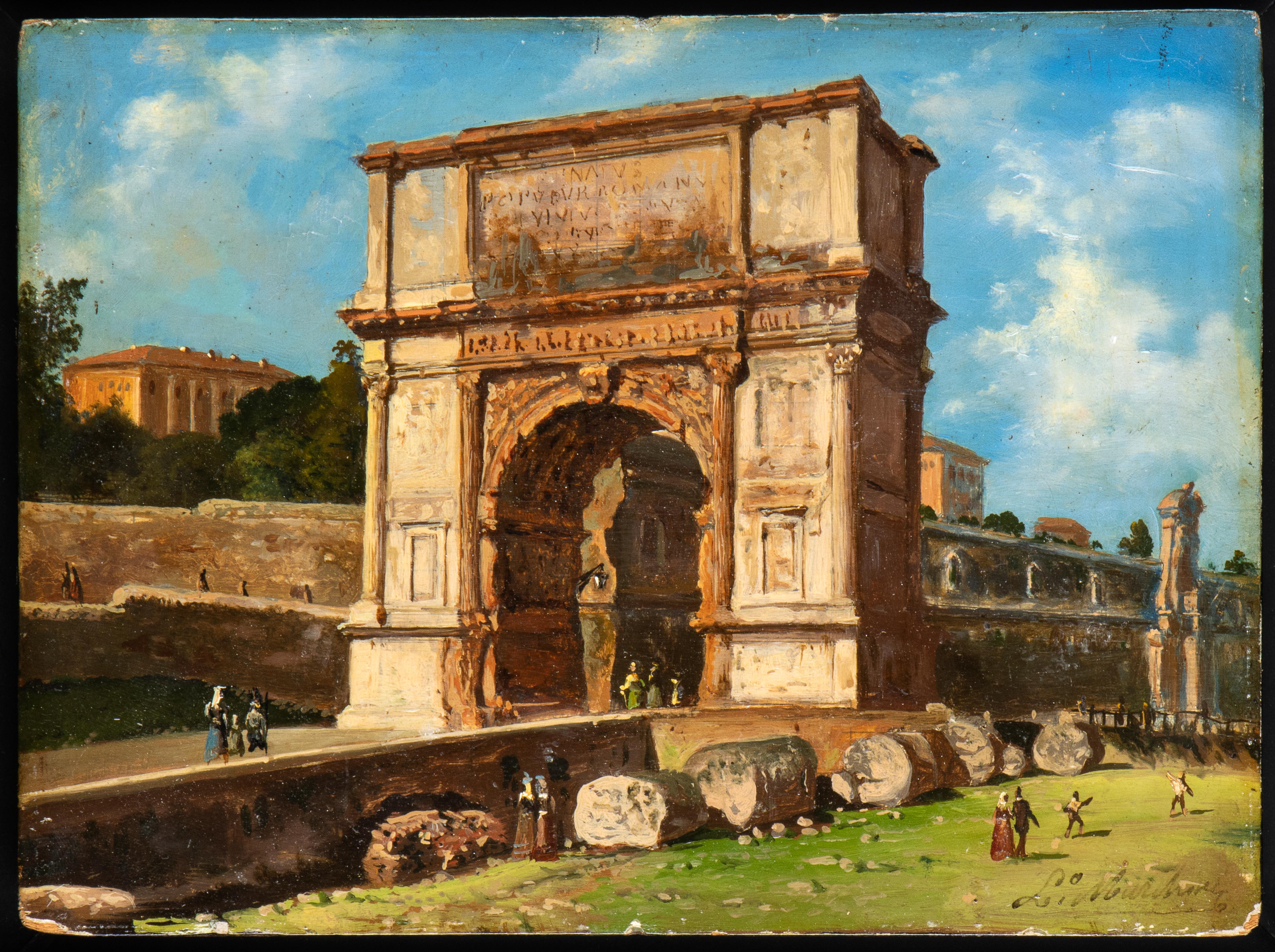 Elaborately framed, isolated in black modern frame this painting represent a typically piece of grand tour of the 19th century and show the arch of Trajan is an ancient and very important  Roman triumphal arch erected outside the city of Rome in the