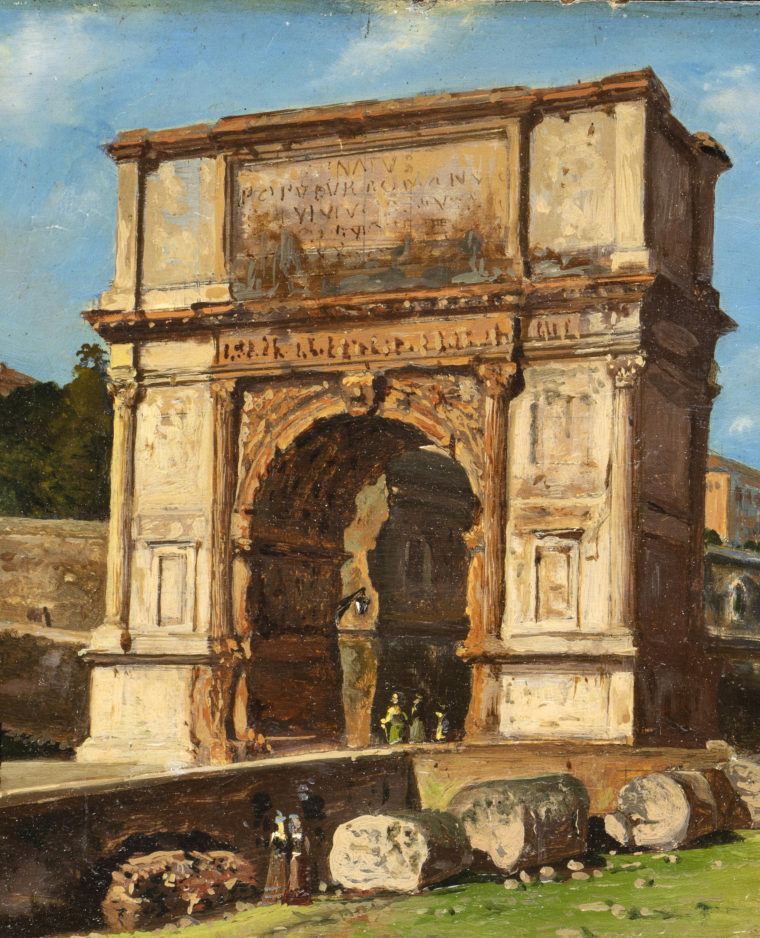 Ce tableau représente une pièce typique du grand tour du 19ème siècle et montre que l'arc de Trajan est un monument ancien et très important.  Arc de triomphe romain érigé à l'extérieur de la ville de Rome, dans le sud de l'Italie, à