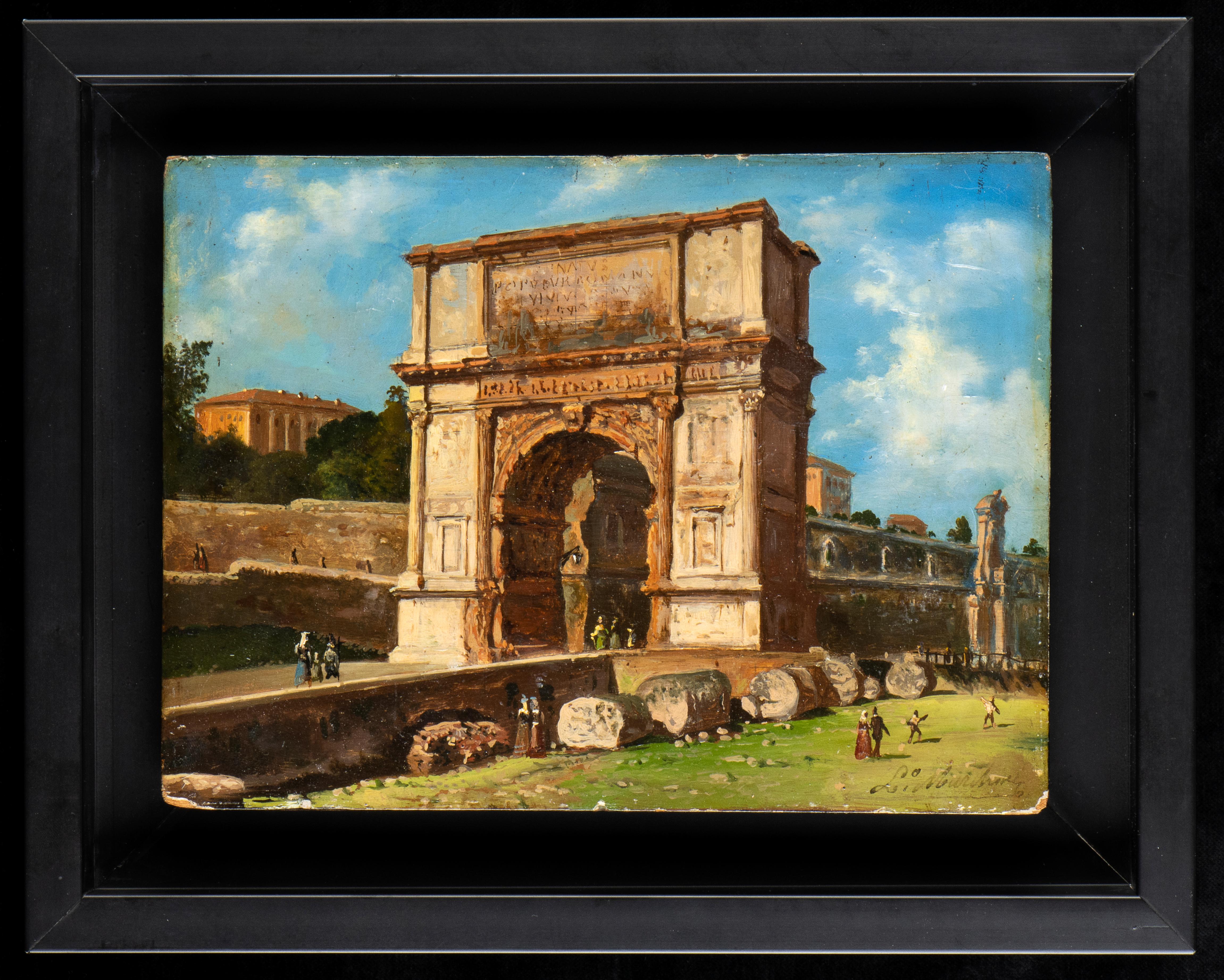 Landscape Painting Unknown - Peinture à l'huile de paysage figuratif style Grand Tour vue de l'arc de Trajan 