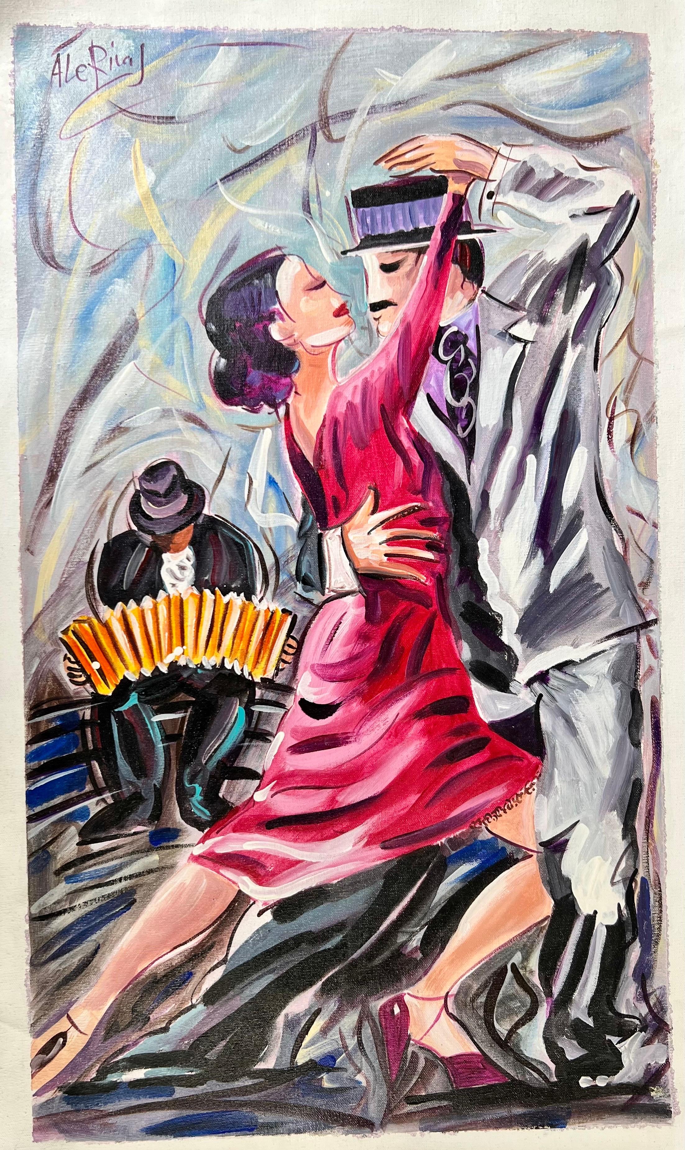 Unknown Figurative Painting - Figurative Oil on Canvas Painting Titled " Pasion Tanguera " Hand Signed Dated