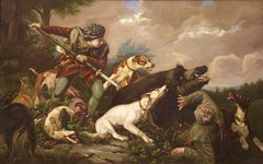 Figurative Painting, Large, Oil on Canvas. 19th Century. Hunting scene.
