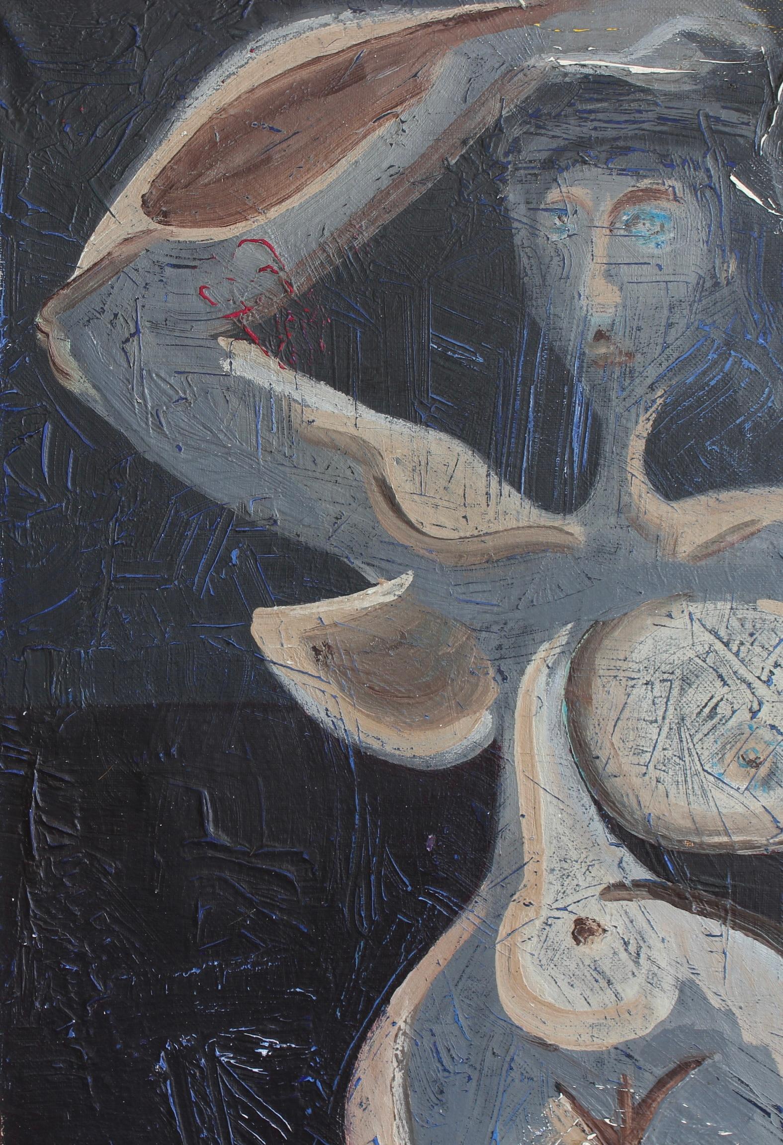 A striking and enigmatic mid-century nude, Figure in Blue Light offers a highly expressive, almost surreal vision of the female form. Executed in a limited palette of steely blues, cool greys and warm flesh tones, the figure appears both sculptural