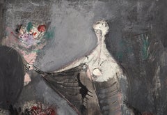 Figure with Bouquet, Modern Gouache on Board by Unknown Artist