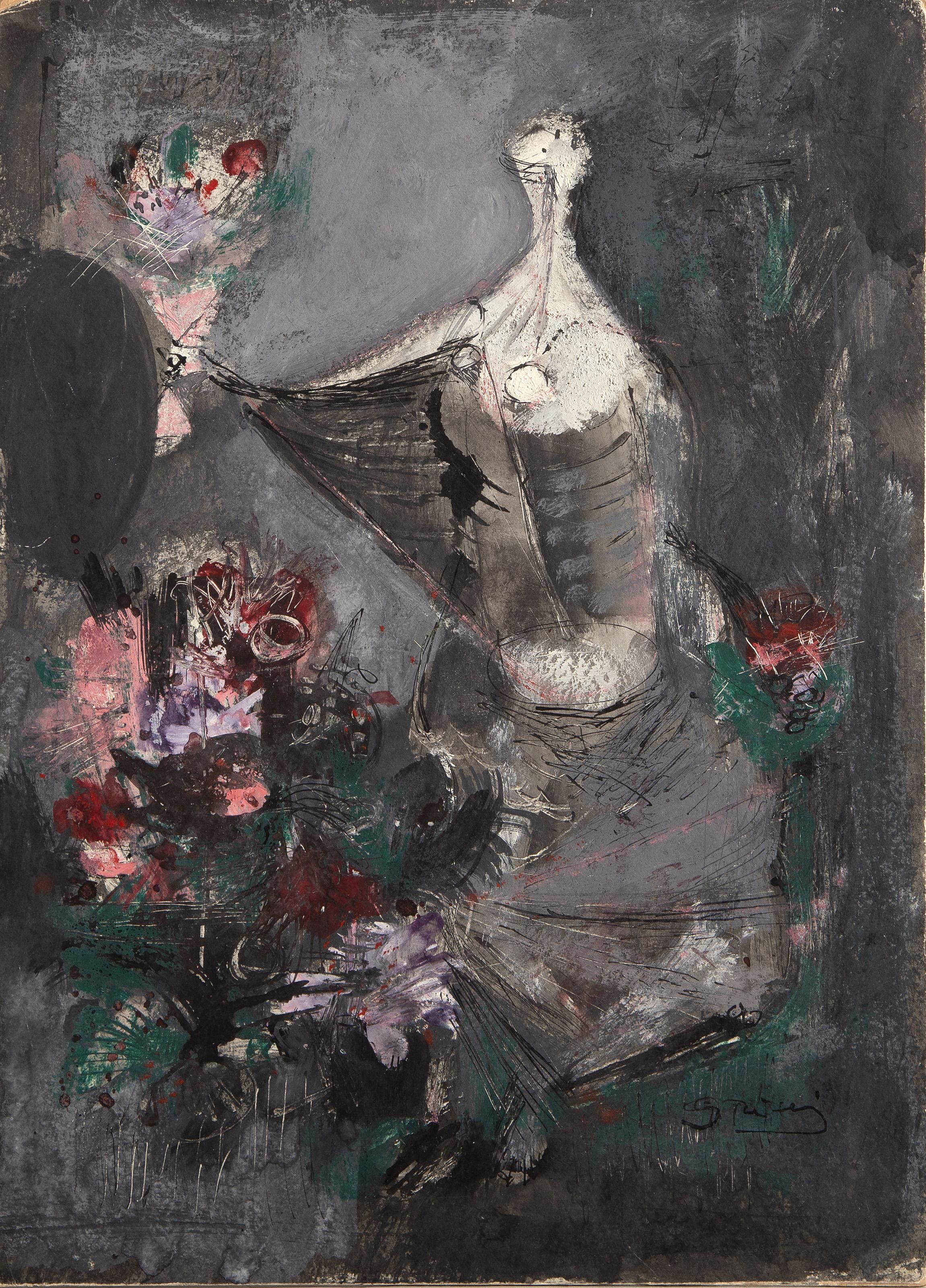 Unknown Figurative Painting – Figur mit Blumenstrauß, Moderne Gouache auf Karton von Unbekanntem Künstler