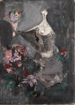Figure with Bouquet, Modern Gouache on Board by Unknown Artist