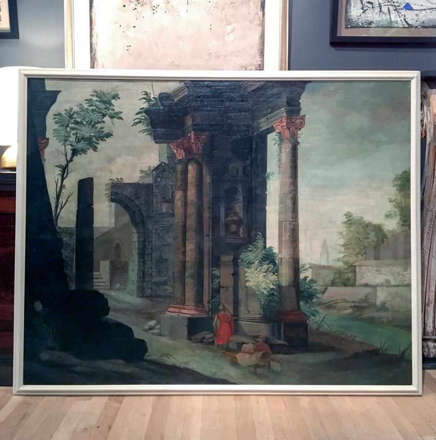 Figuren zwischen Ruinen: Ein Paar
Nach Giovanni Paolo Panini
Italienisch, 18. Jahrhundert
Öl auf Leinwand auf Karton aufgezogen
47 x 58 ¼ Zoll pro Stück

[2046AB]	
