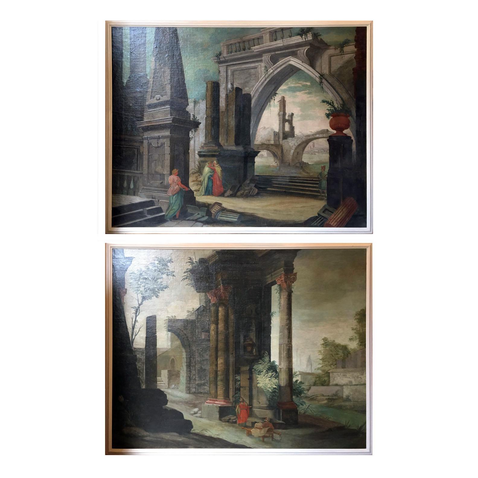 Unknown Figurative Painting - Figures Among Ruins: A Pair