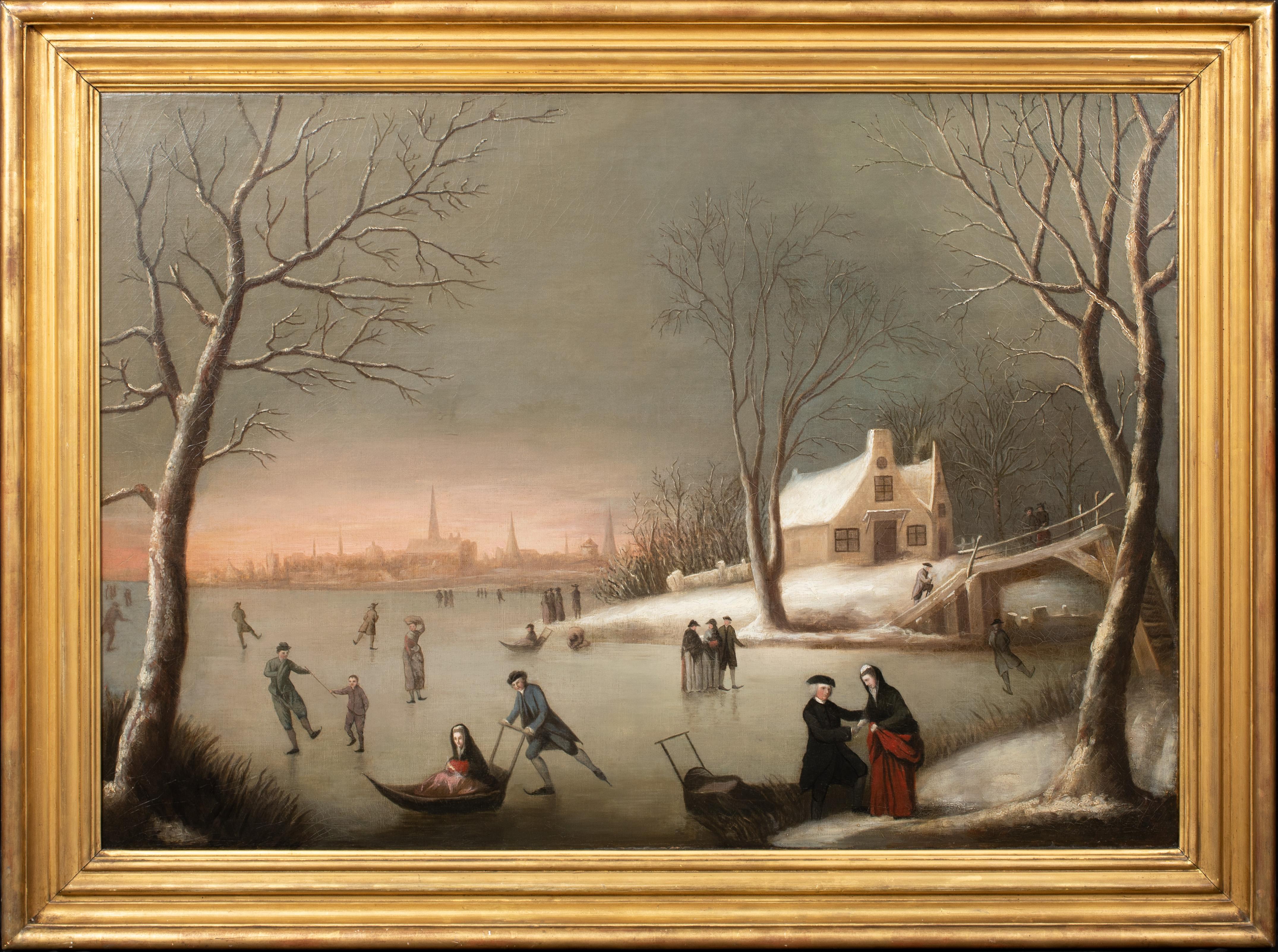 Figures Ice Skating IN A Frozen Winter Landscape, 18th Century  - Painting by Unknown