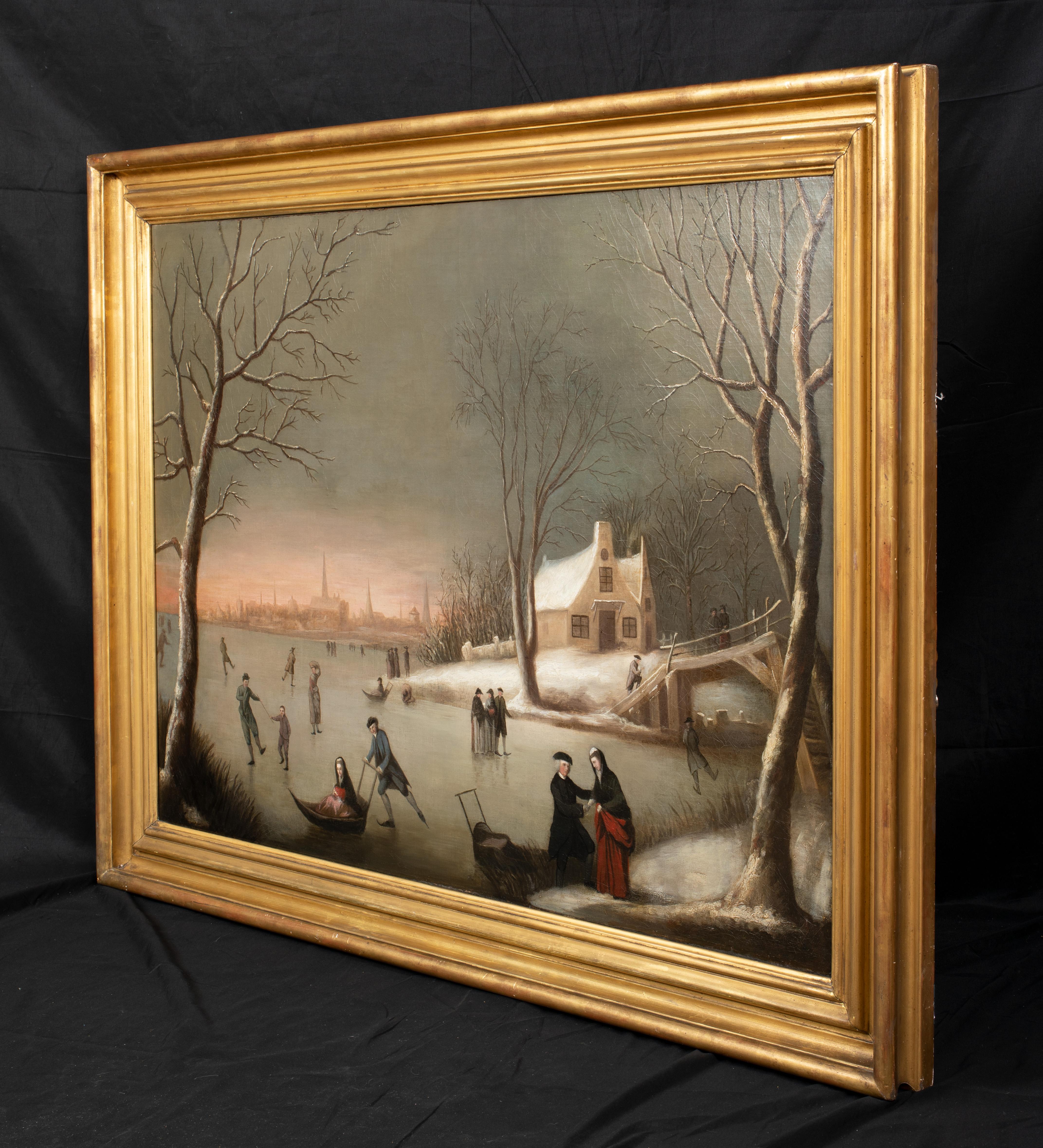 Figures Ice Skating IN A Frozen Winter Landscape, 18th Century  - Brown Portrait Painting by Unknown