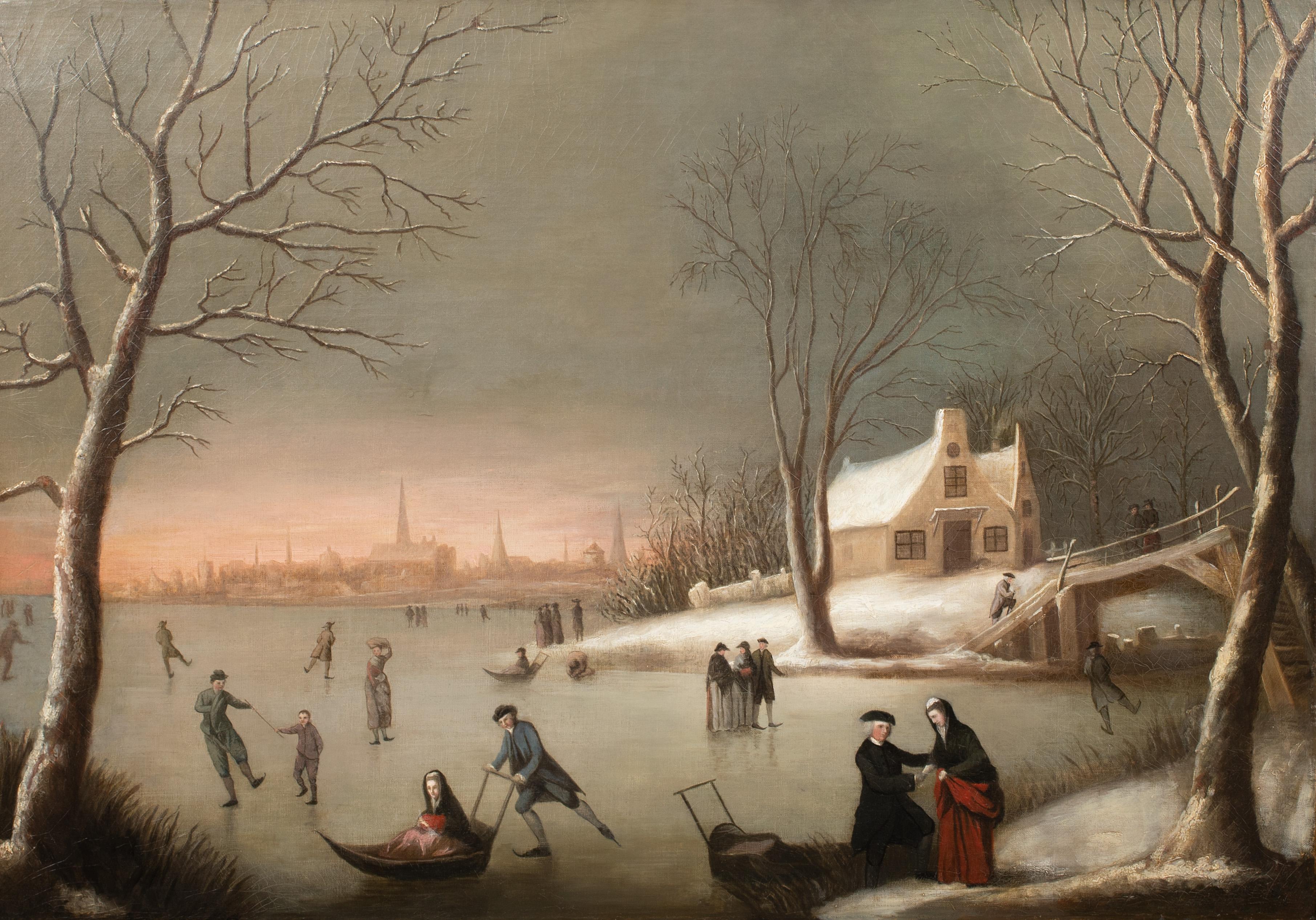 Unknown Portrait Painting - Figures Ice Skating IN A Frozen Winter Landscape, 18th Century 