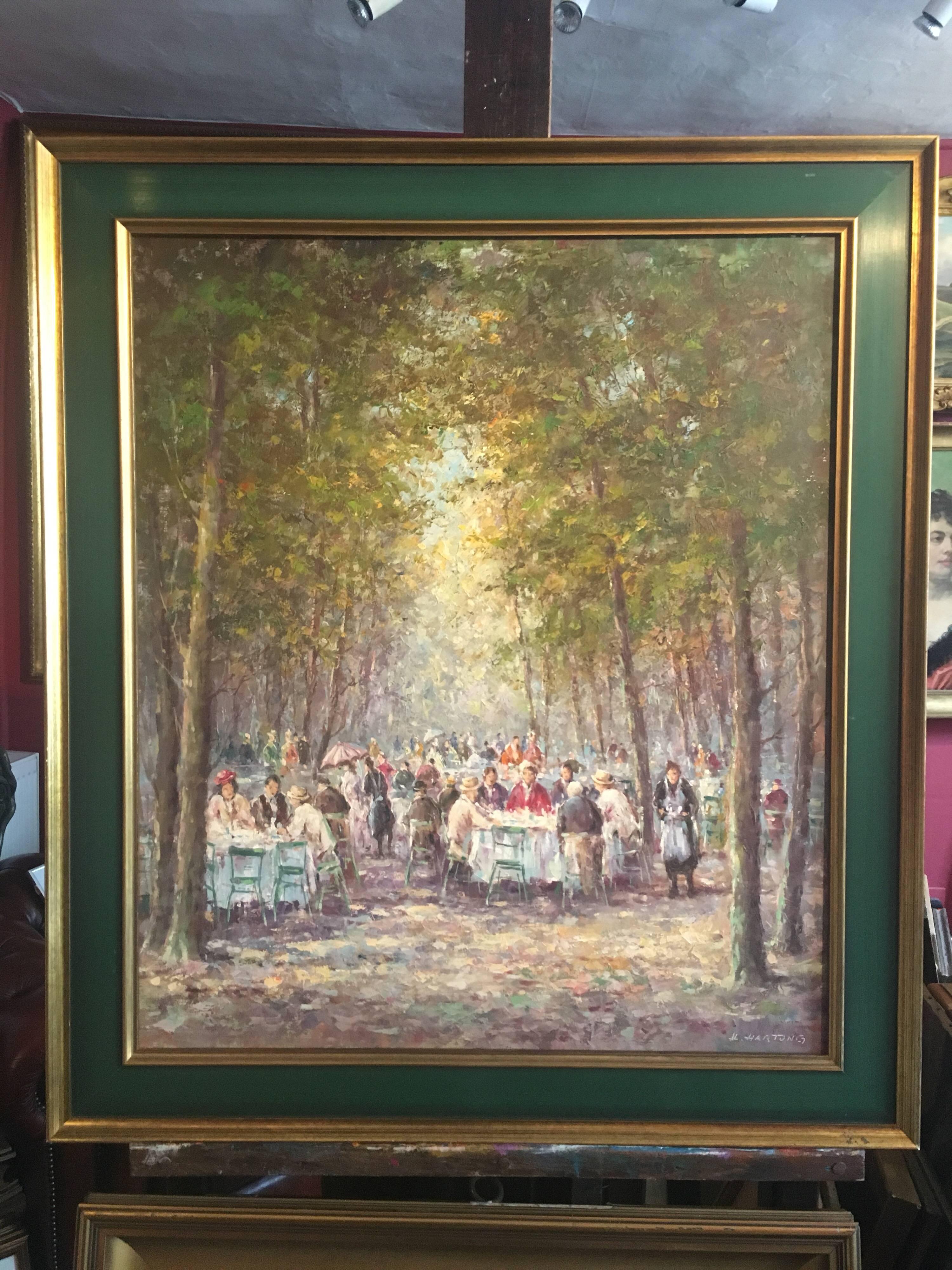 Figures dans une scène de café dans un parc animé, peinture à l'huile signée - Painting de Unknown