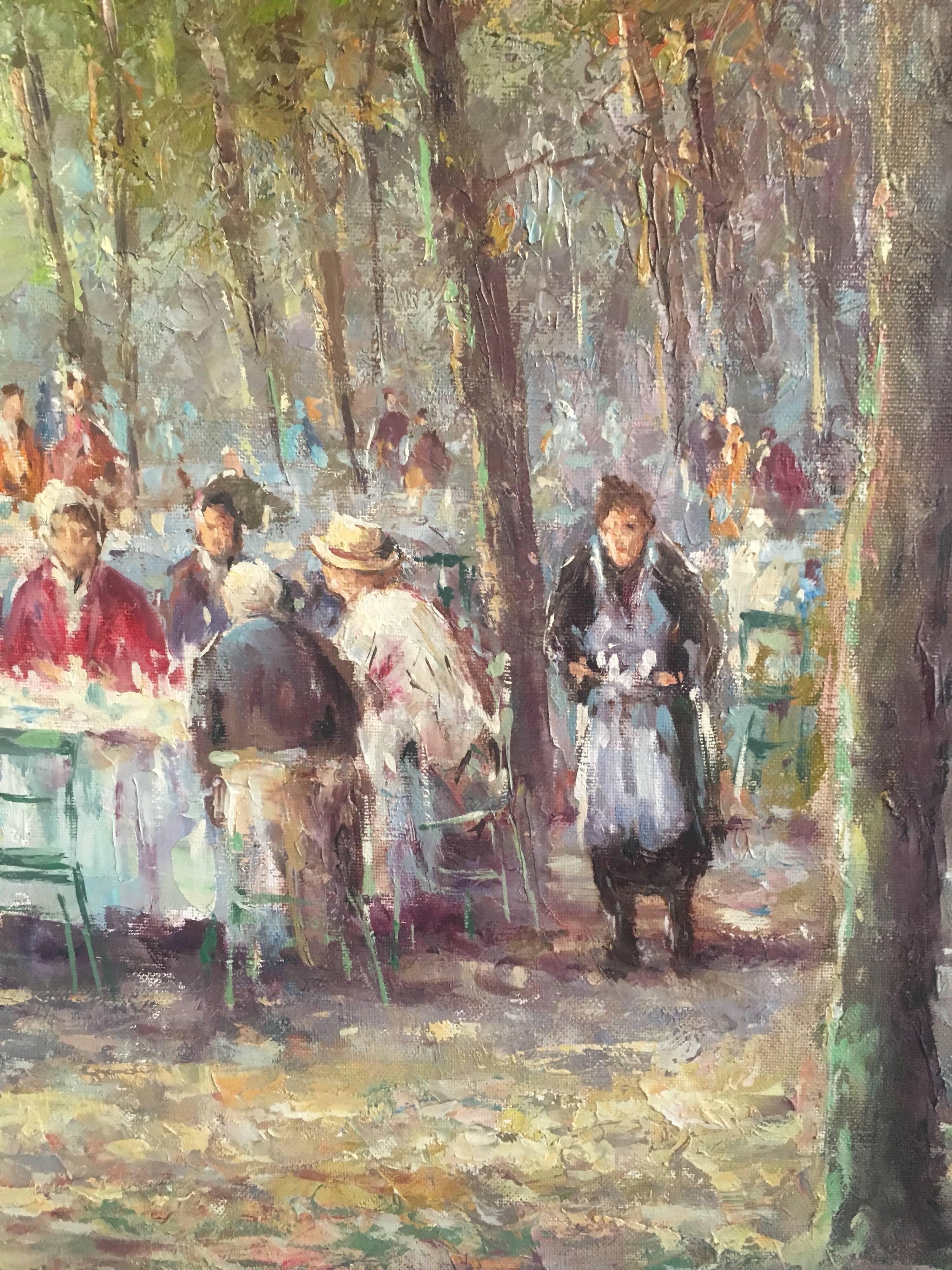 Figures dans une scène de café dans un parc animé, peinture à l'huile signée - Marron Landscape Painting par Unknown