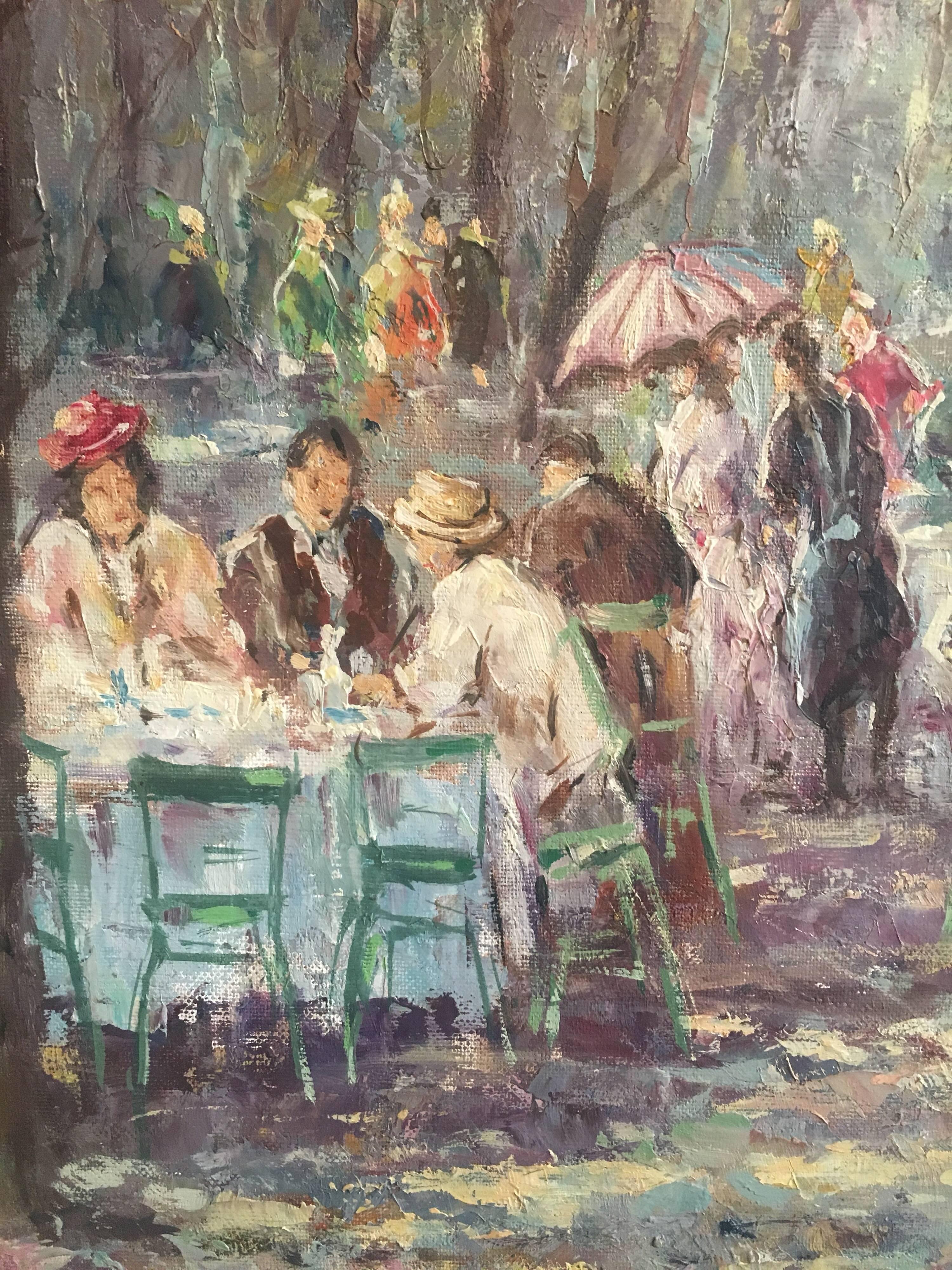 Chiffres dans le café Busy Park
Par l'artiste H.Hartung, 20ème siècle
Peinture à l'huile sur toile, encadrée
Signé dans le coin inférieur droit
Taille du cadre : 33 x 29 pouces

Merveilleuse scène multicolore d'un café animé au milieu d'un parc. Les