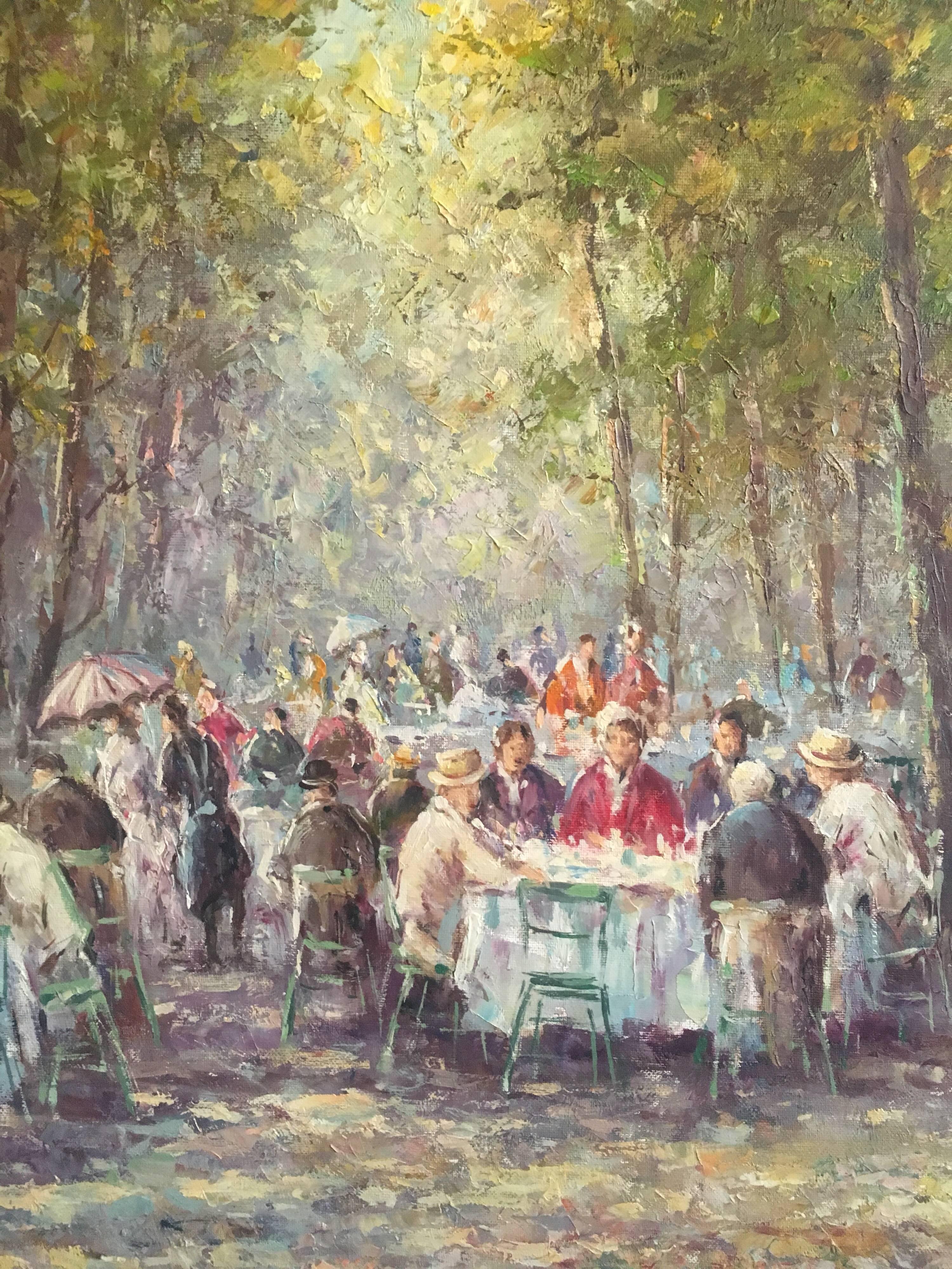 Figures dans une scène de café dans un parc animé, peinture à l'huile signée en vente 1