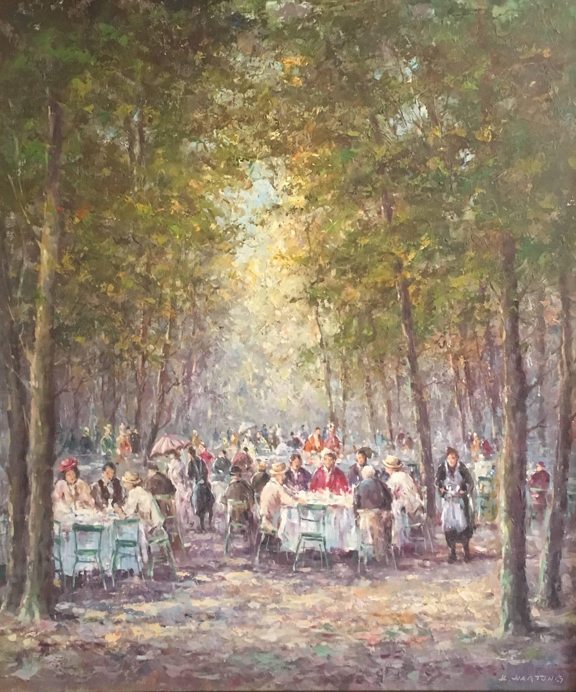 Unknown Landscape Painting - Figures in Busy Park Cafe Scene, Signed Oil Painting