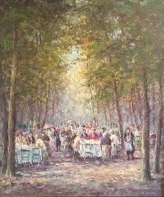 Figures in Busy Park Cafe Scene, Signed Oil Painting