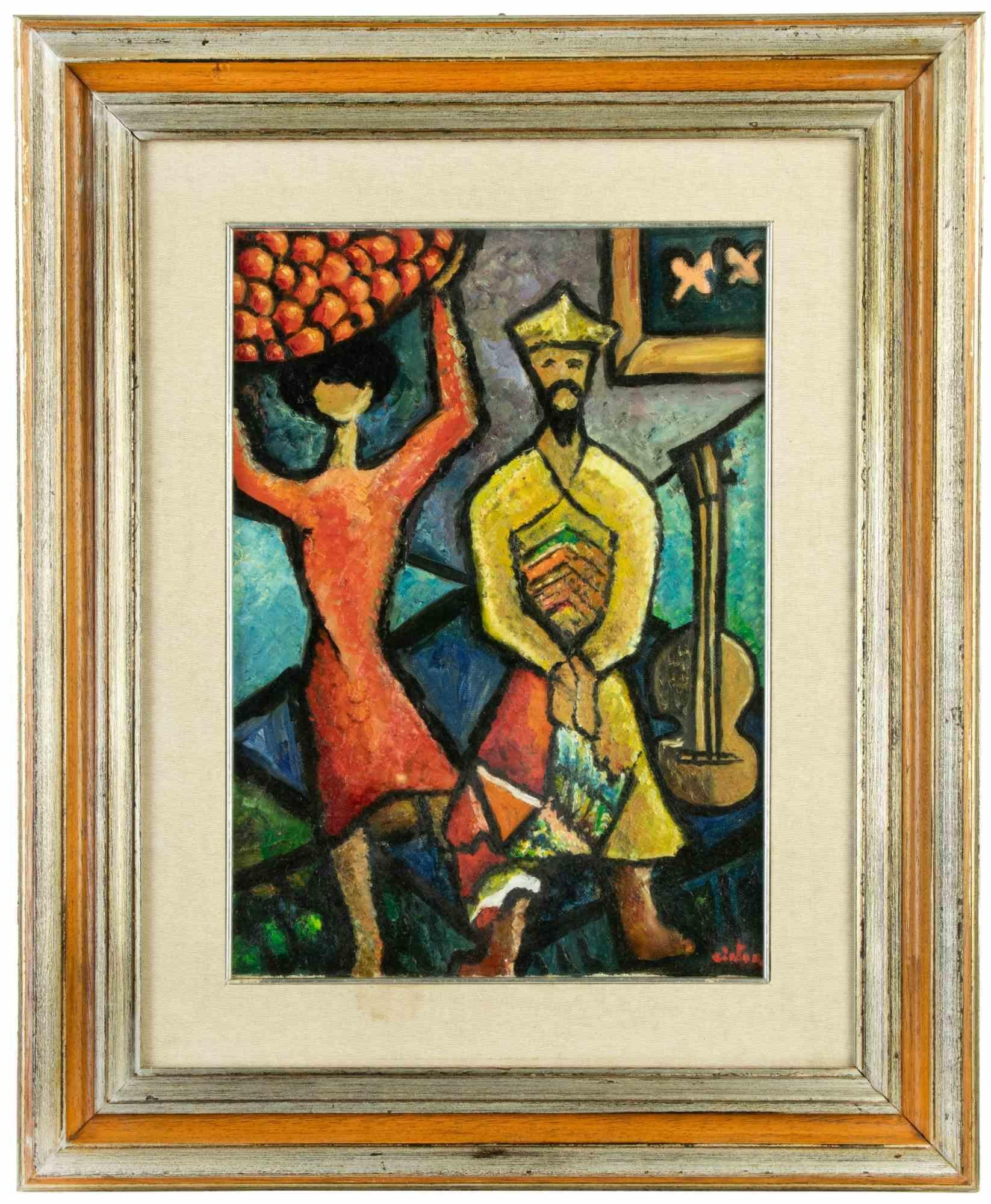 Unknown Figurative Painting -  Figures - Oil on Canvas - Late 20th Century