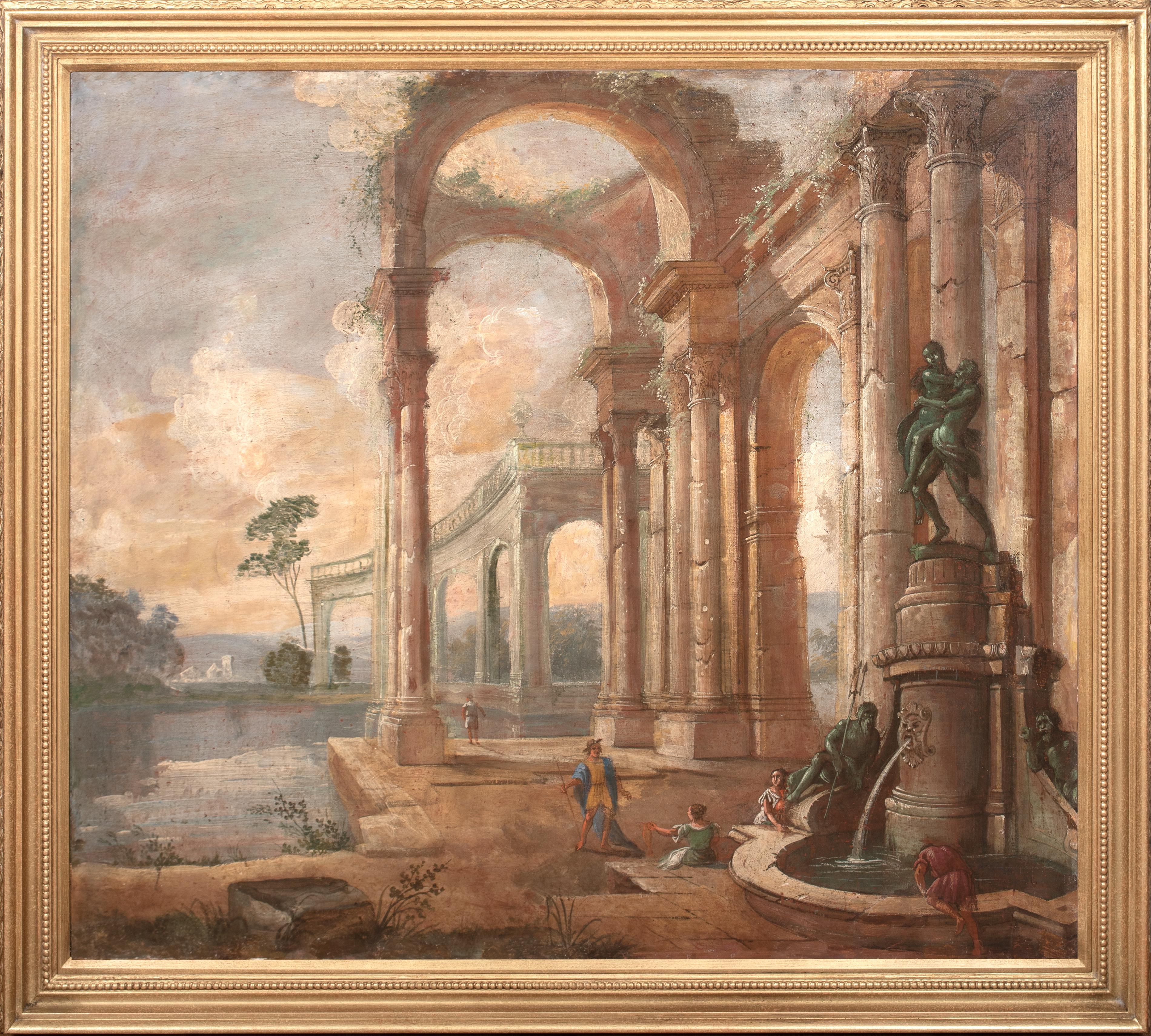 Landscape Painting di Unknown - Figures Resting By A Fountain, Roman Capriccio, 18th Century PAOLO PANINI