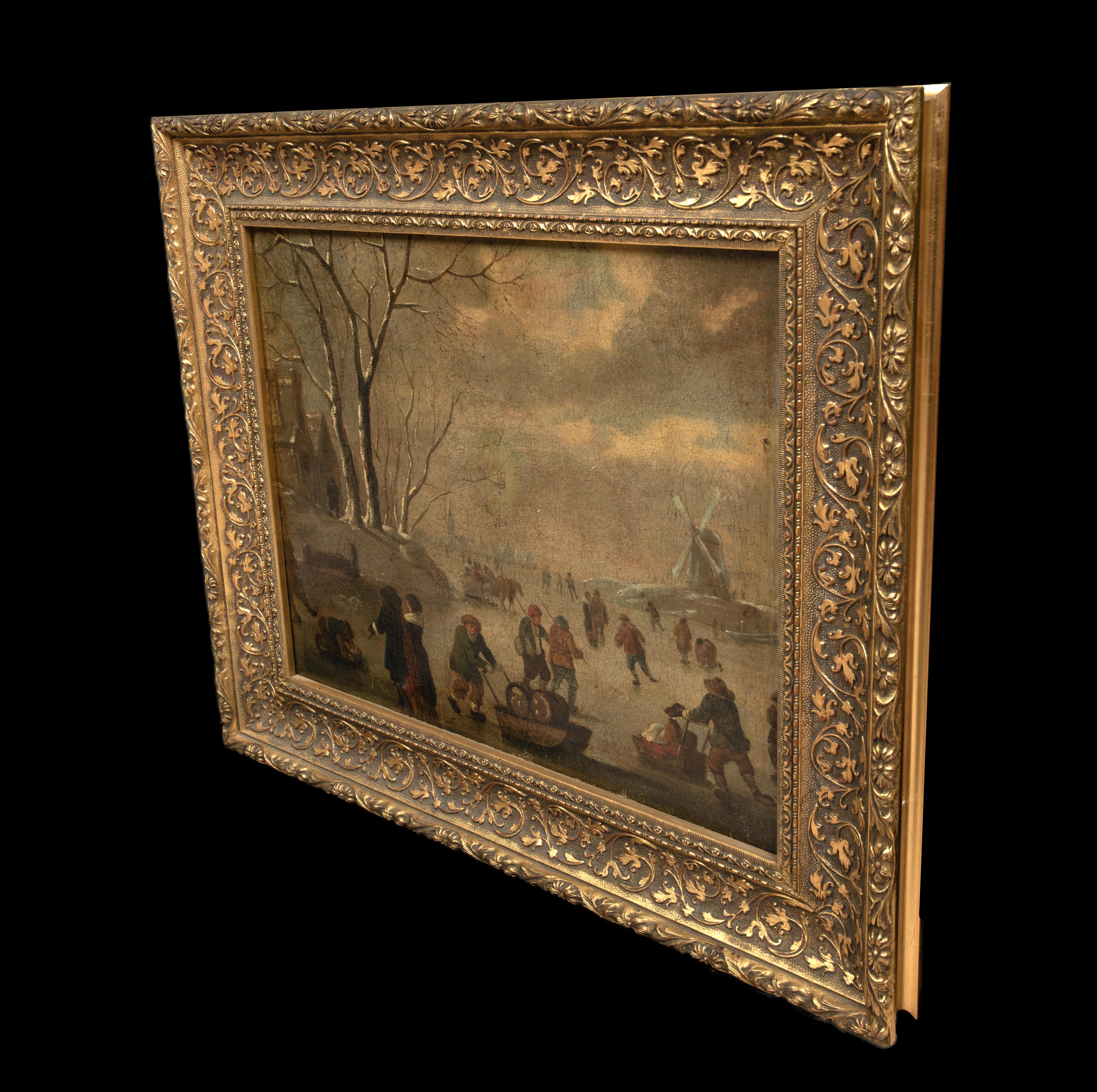 Figures patinant dans un paysage d'hiver givré, 17ème siècle WILLEM KOOL - Painting de Unknown