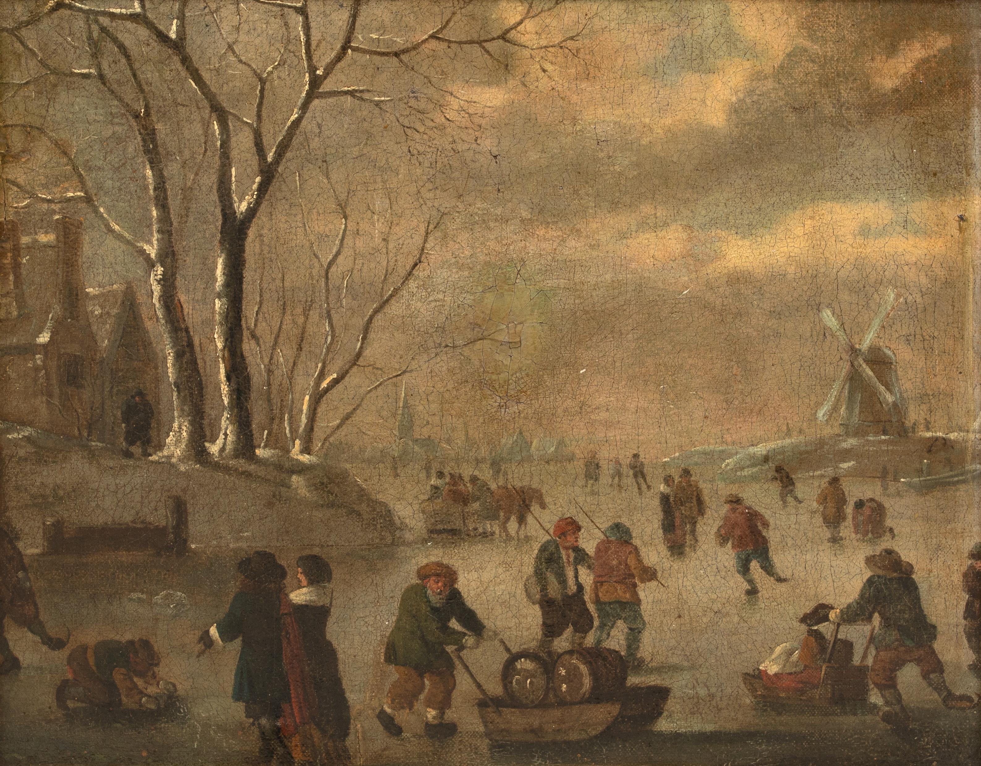 Figures patinant dans un paysage d'hiver givré, 17ème siècle WILLEM KOOL 1