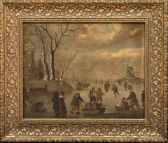 Figures patinant dans un paysage d'hiver givré, 17ème siècle WILLEM KOOL