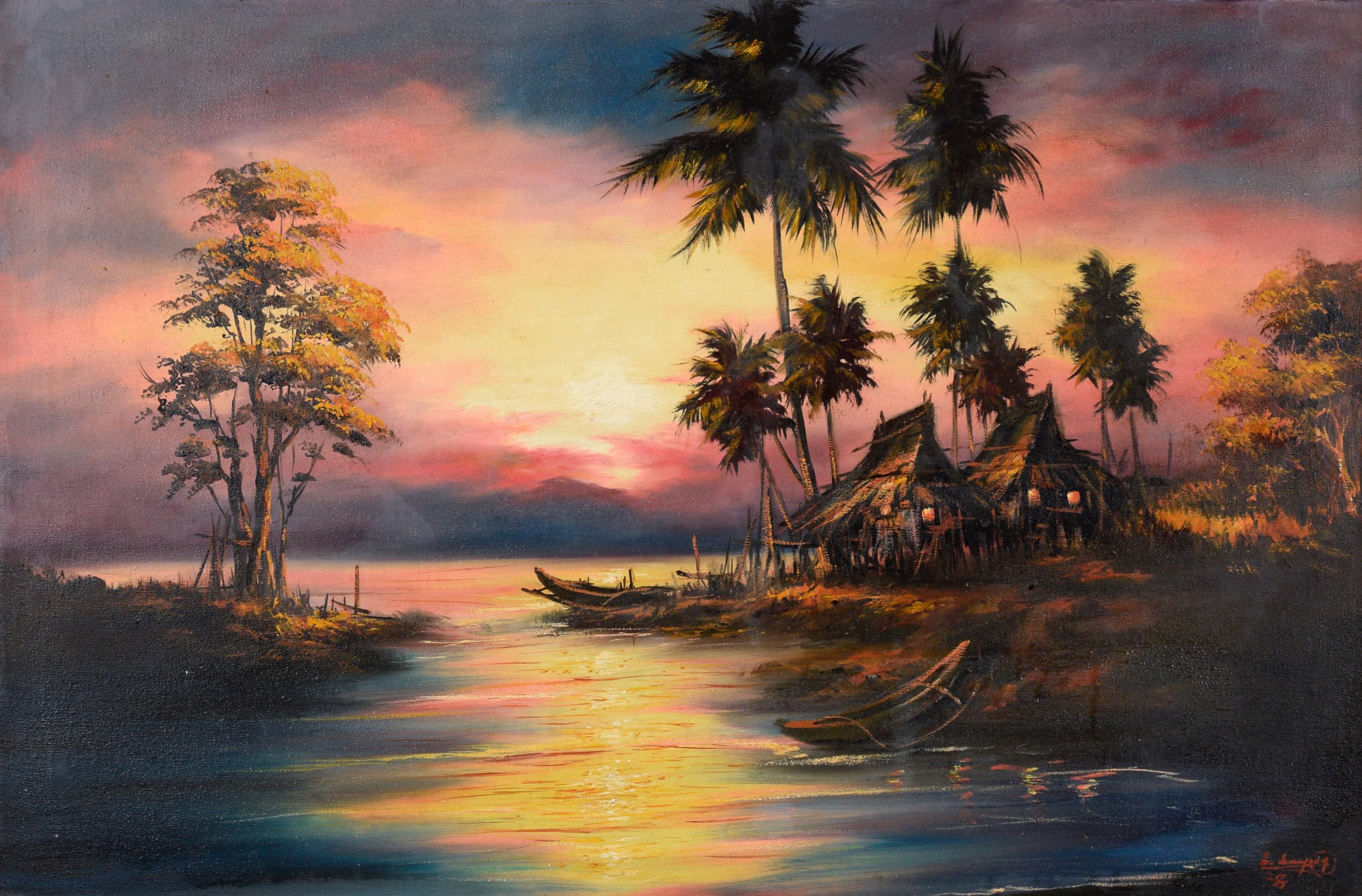 Filipino Fishing Village at Sunset - Tropical Landscape in Oil on Canvas - Painting by Unknown