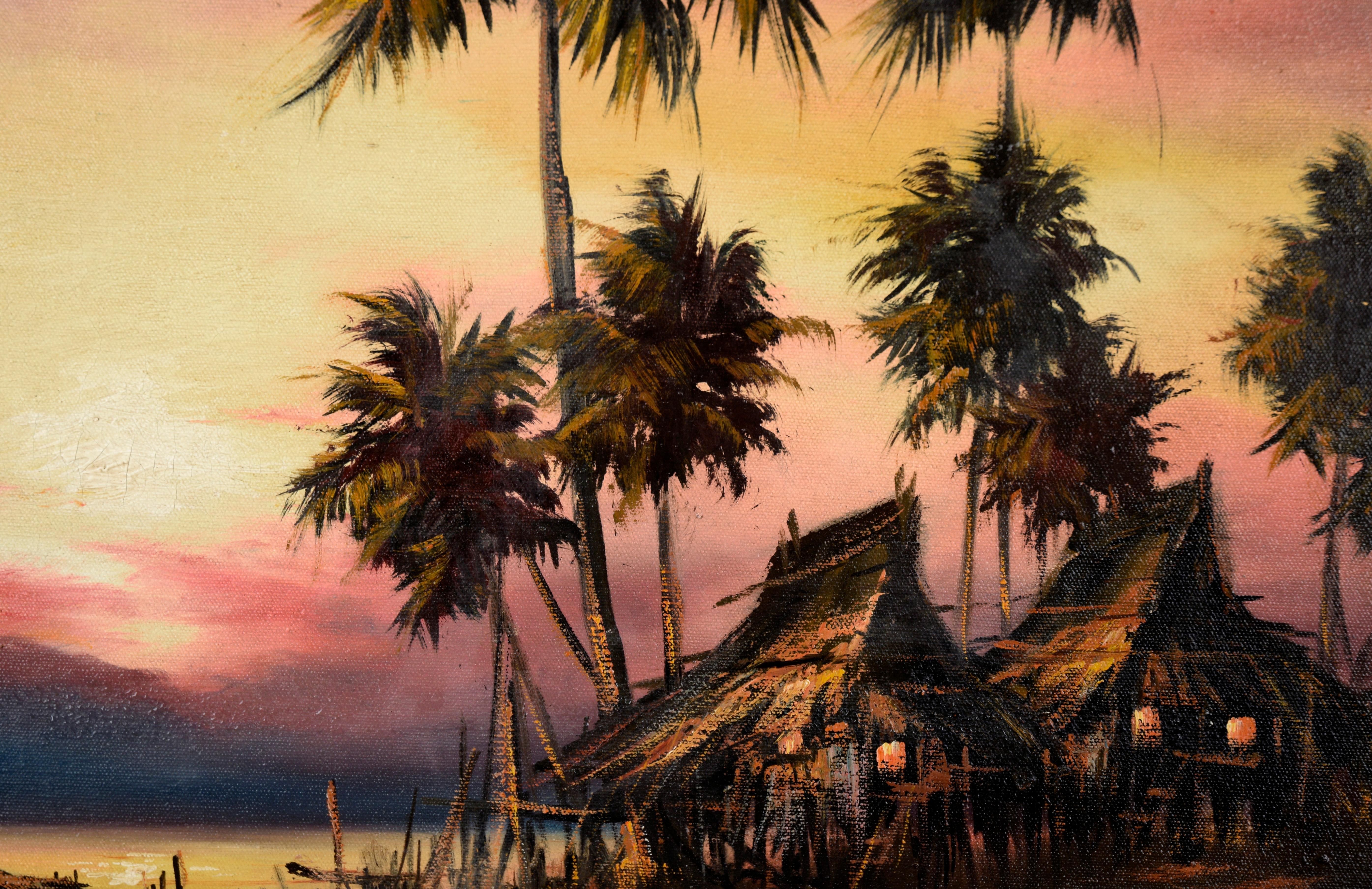 Filipino Fishing Village at Sunset - Tropical Landscape in Oil on Canvas For Sale 1