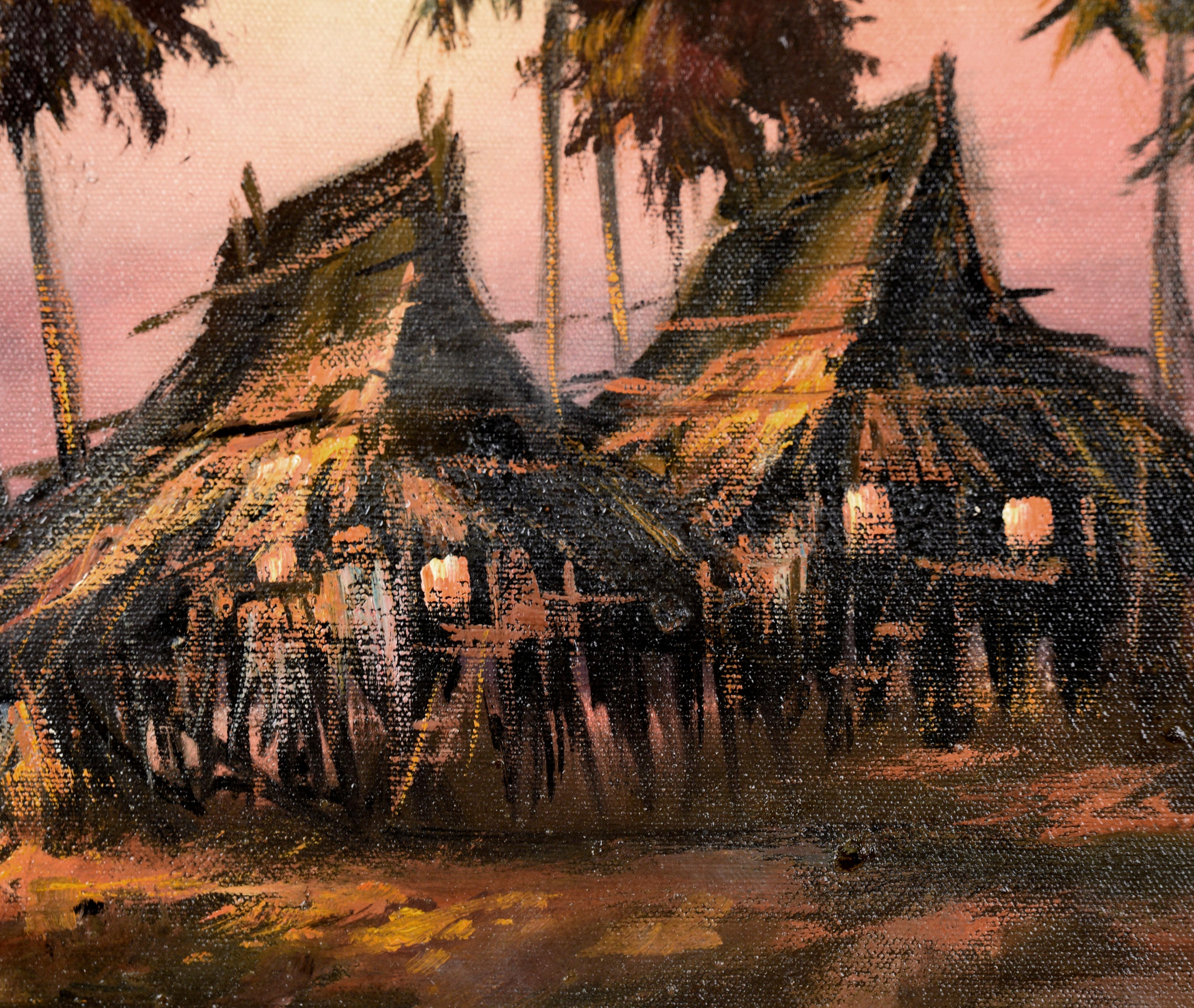 Filipino Fishing Village at Sunset - Tropical Landscape in Oil on Canvas - Black Landscape Painting by Unknown
