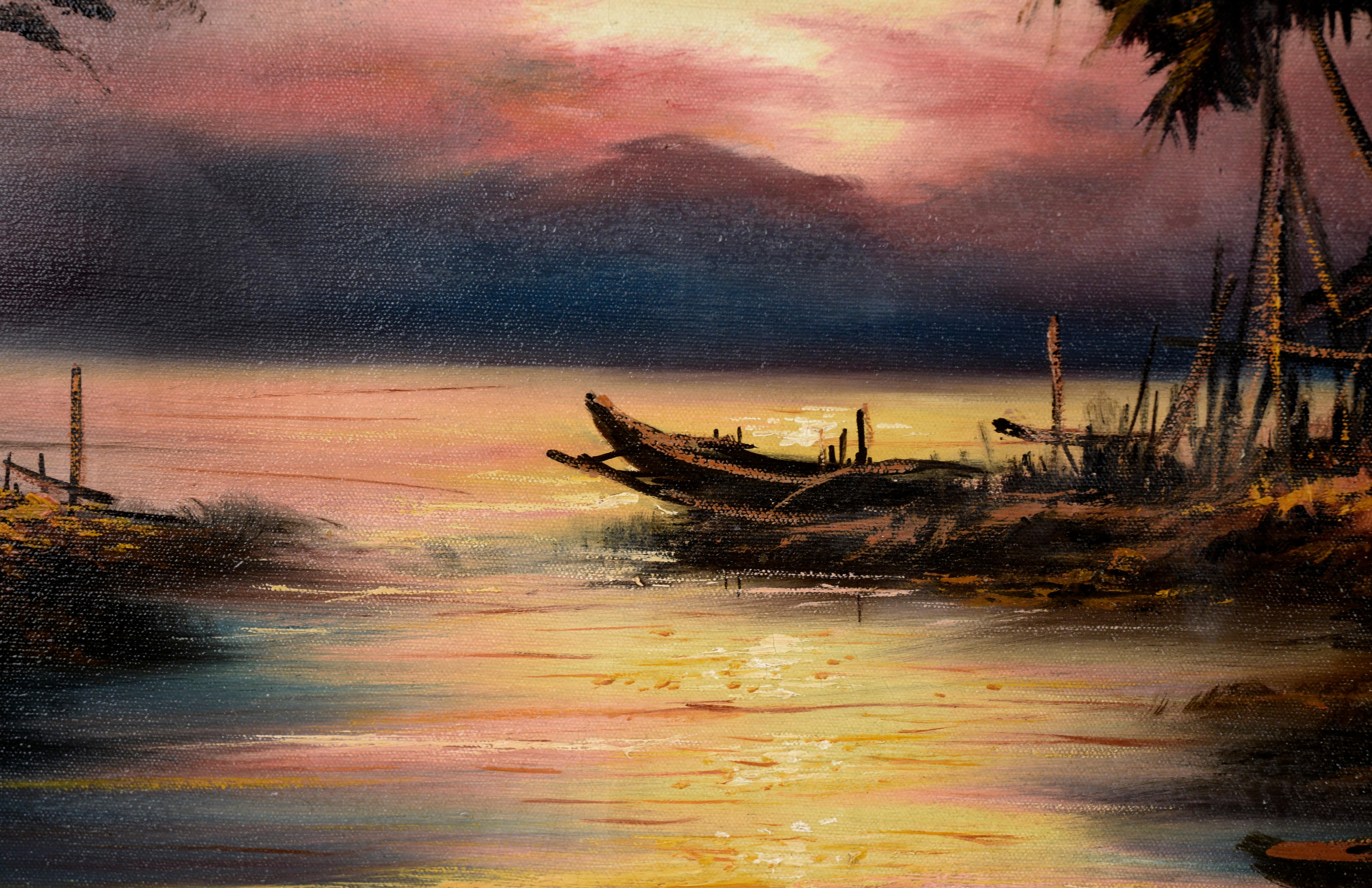 Filipino Fishing Village at Sunset - Tropical Landscape in Oil on Canvas

Bold sunset landscape of a fishing village by an unknown Filipino artist (20th Century). A bright sunset casts deep shadows over a fishing village in the Philippines. There