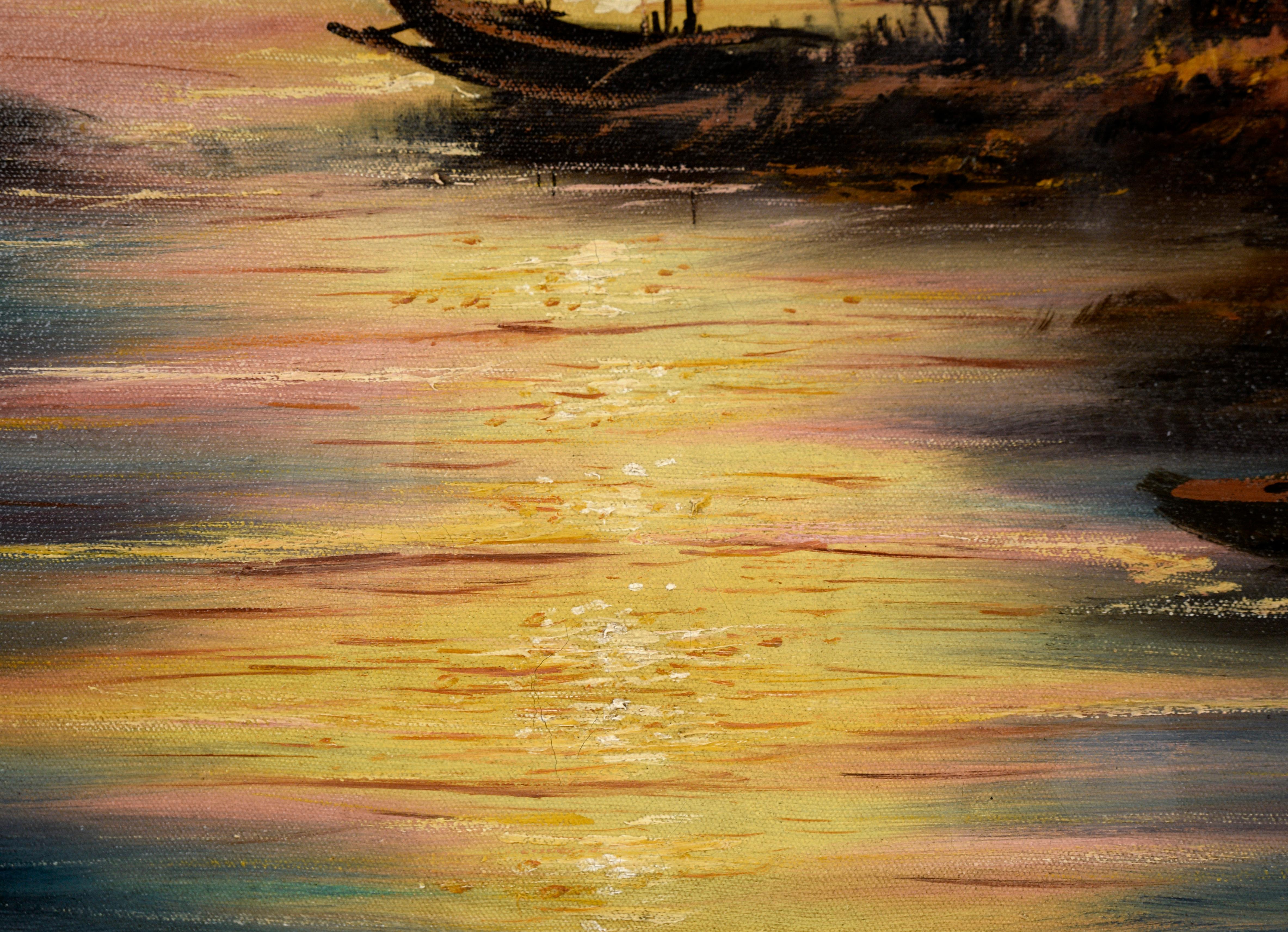 Filipino Fishing Village at Sunset - Tropical Landscape in Oil on Canvas For Sale 1