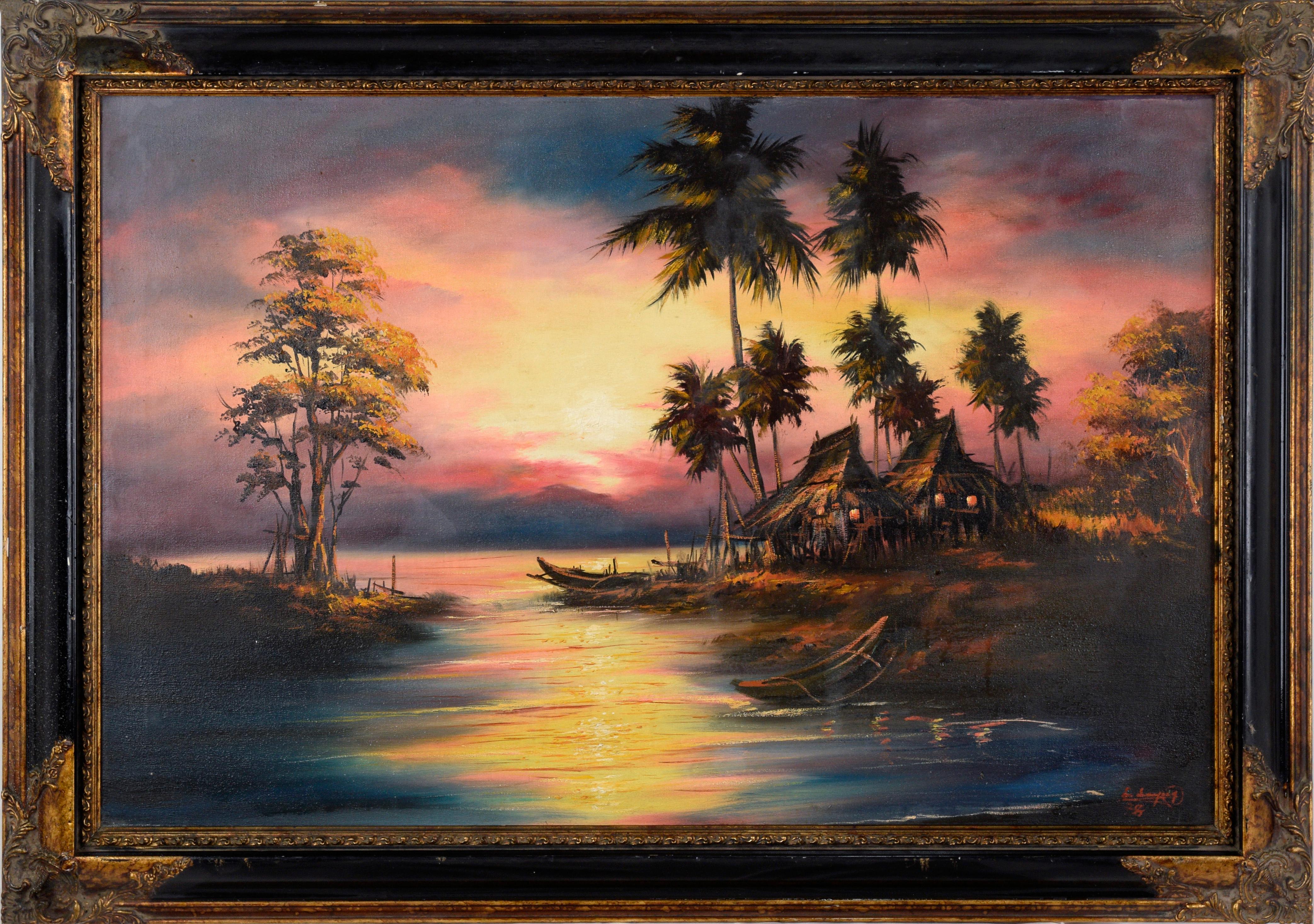 Unknown Landscape Painting - Filipino Fishing Village at Sunset - Tropical Landscape in Oil on Canvas