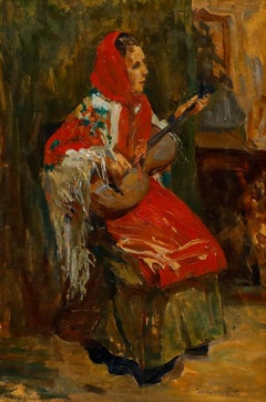 Fina Rawnatova - Framed 1910 Oil, Guitar Player