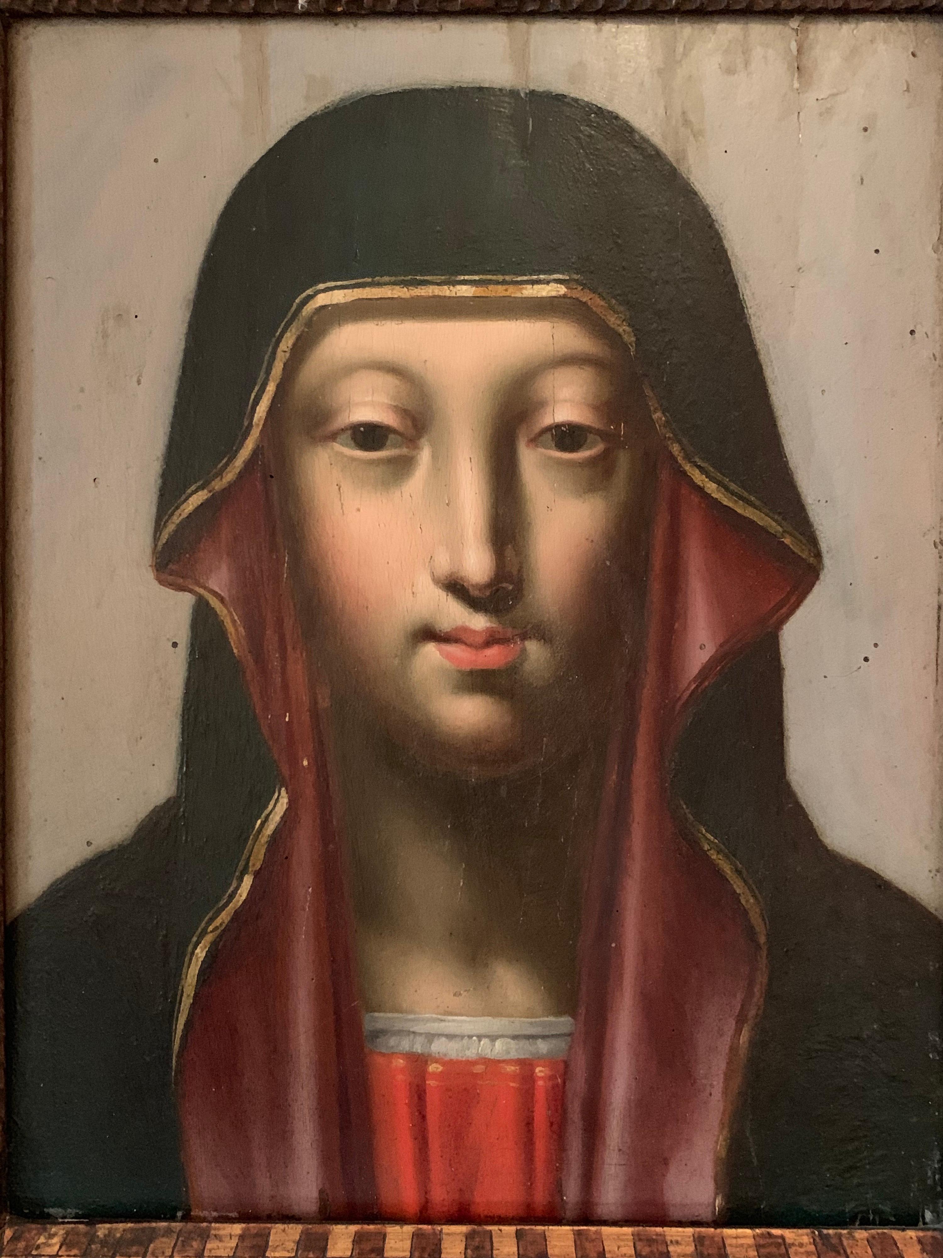 FINE 1600's FLEMISH OLD MASTER OIL ON CRADLED PANEL - HEAD PORTRAIT THE VIRGIN - Painting by Unknown