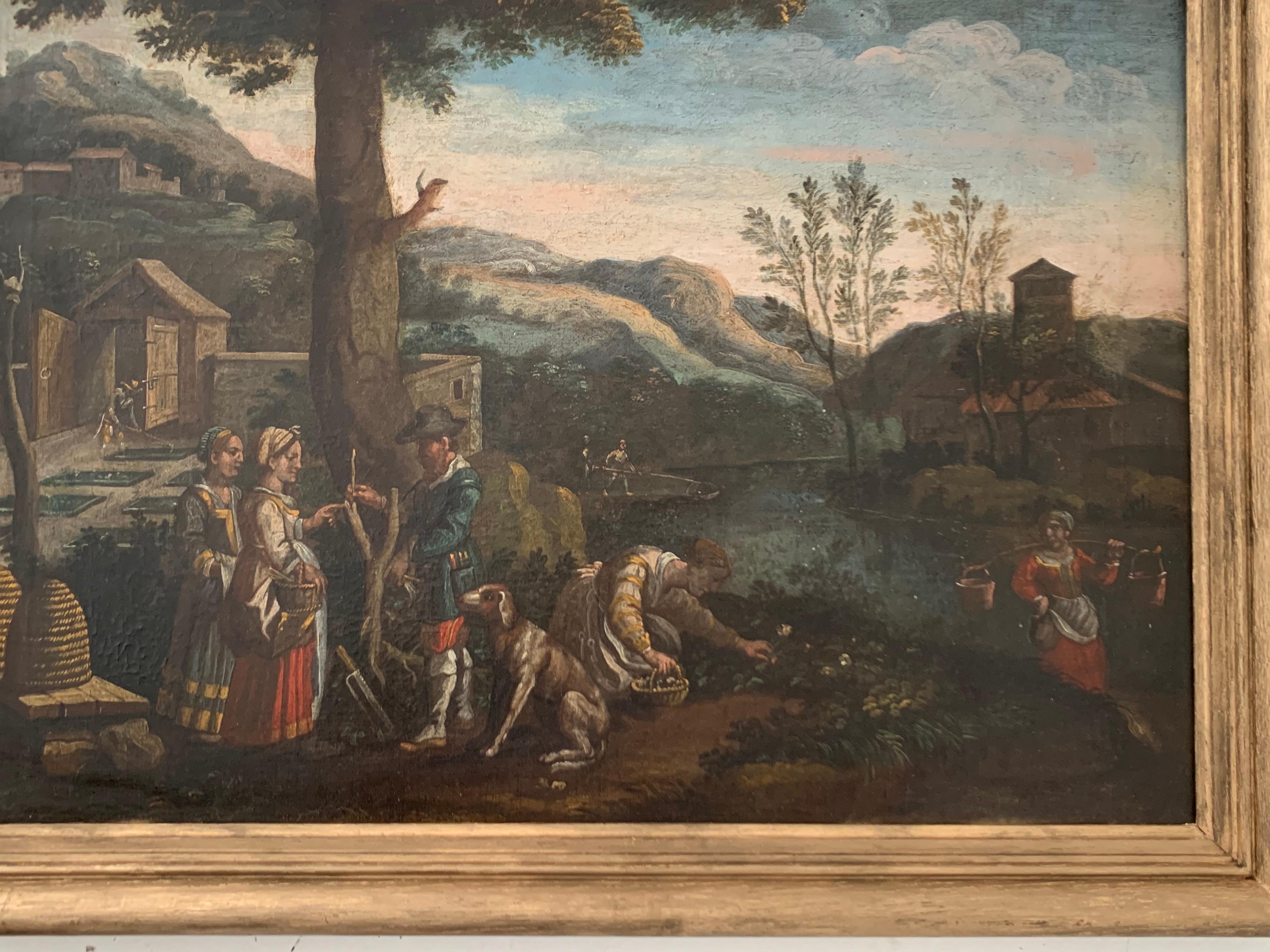 FINE 17th CENTURY ITALIAN OLD MASTER OIL PAINTING - FIGURES GARDENING LANDSCAPE For Sale 2