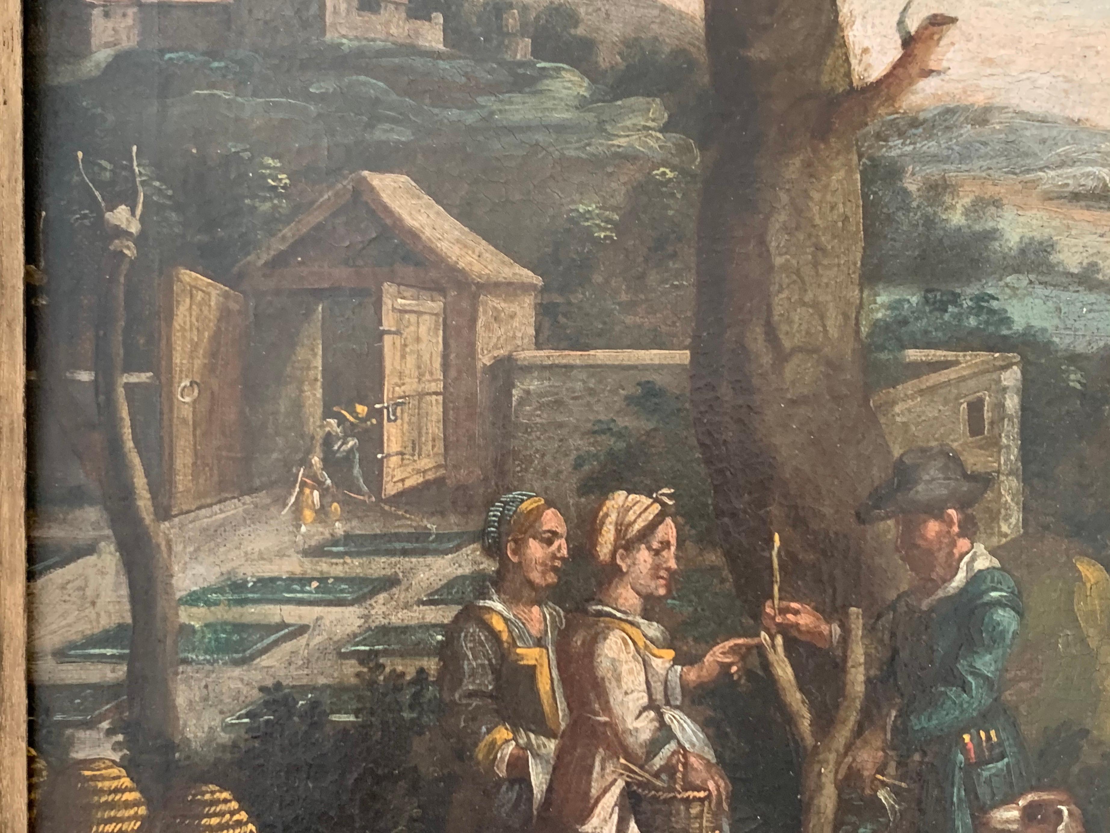 FINE 17th CENTURY ITALIAN OLD MASTER OIL PAINTING - FIGURES GARDENING LANDSCAPE For Sale 3