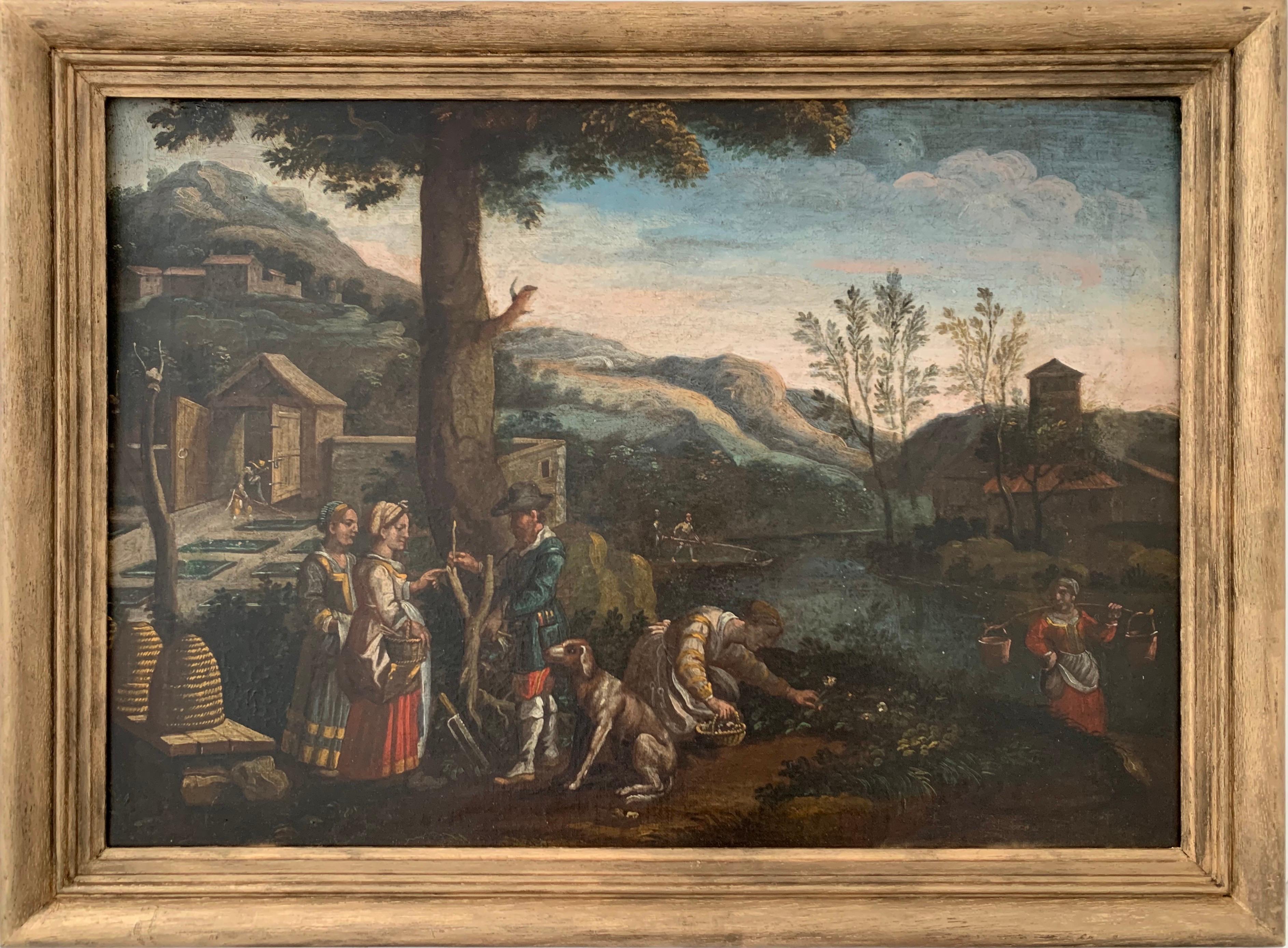 FINE 17th CENTURY ITALIAN OLD MASTER OIL PAINTING - FIGURES GARDENING LANDSCAPE - Painting by Unknown