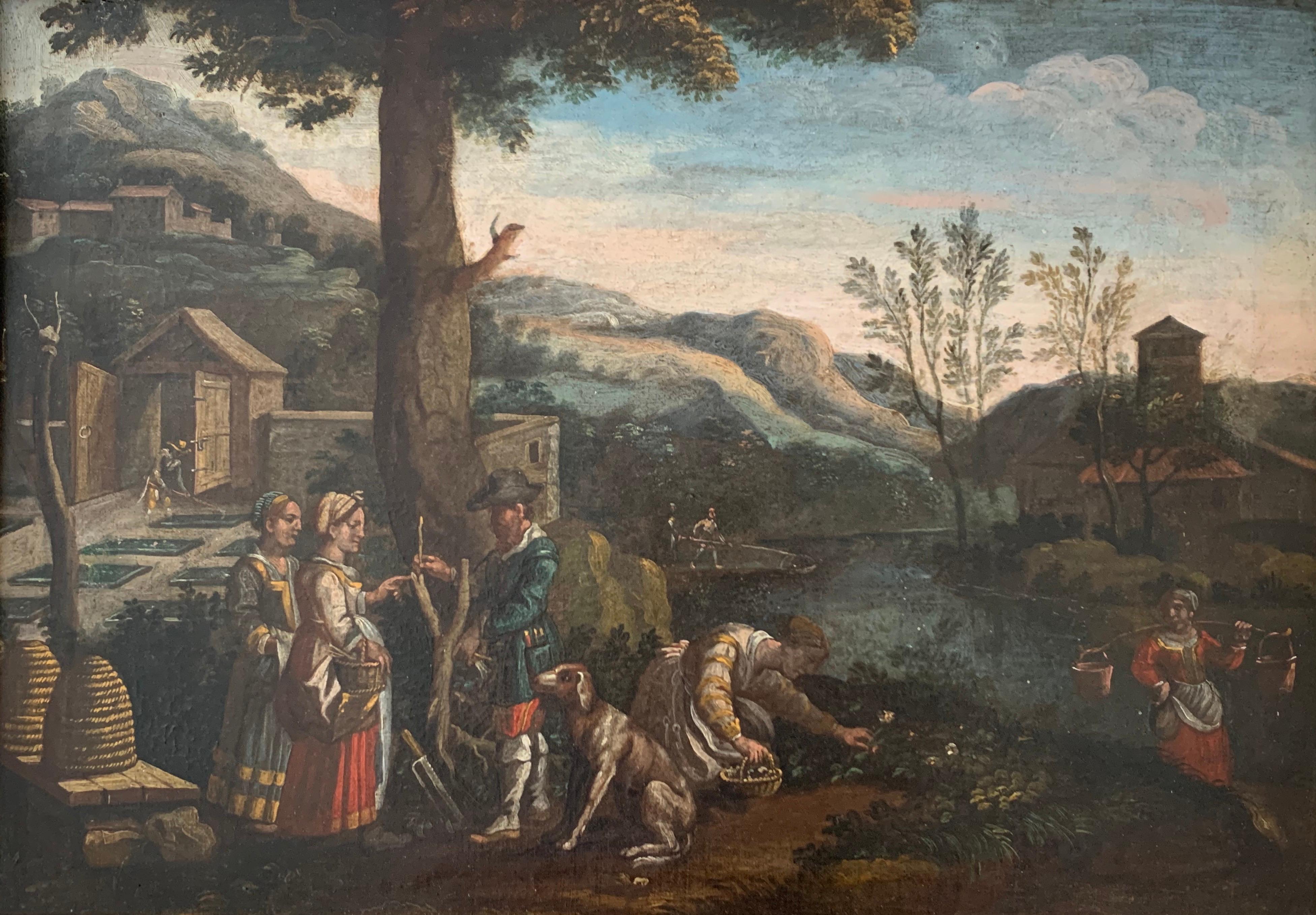 Unknown Landscape Painting - FINE 17th CENTURY ITALIAN OLD MASTER OIL PAINTING - FIGURES GARDENING LANDSCAPE