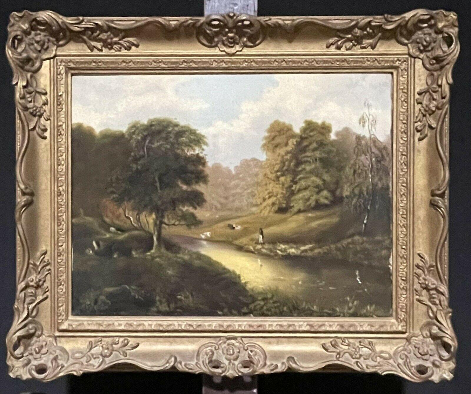 FINE 1850'S ENGLISH OIL - GENTLEMAN ANGLER ON RIVER BANK PASTORAL LANDSCAPE - Painting by Unknown